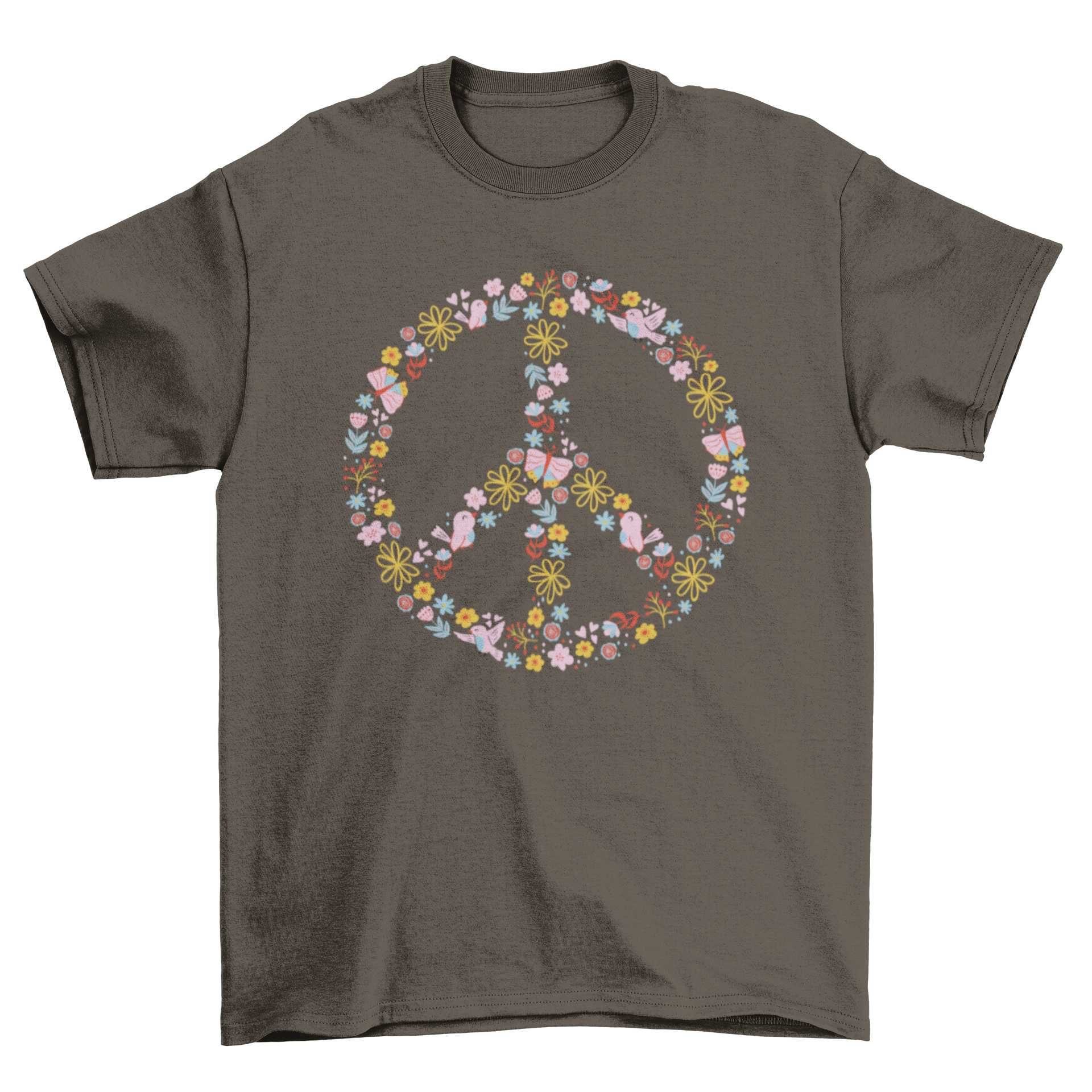 Floral peace symbol t-shirt featuring colorful flowers and animals in a unique design.