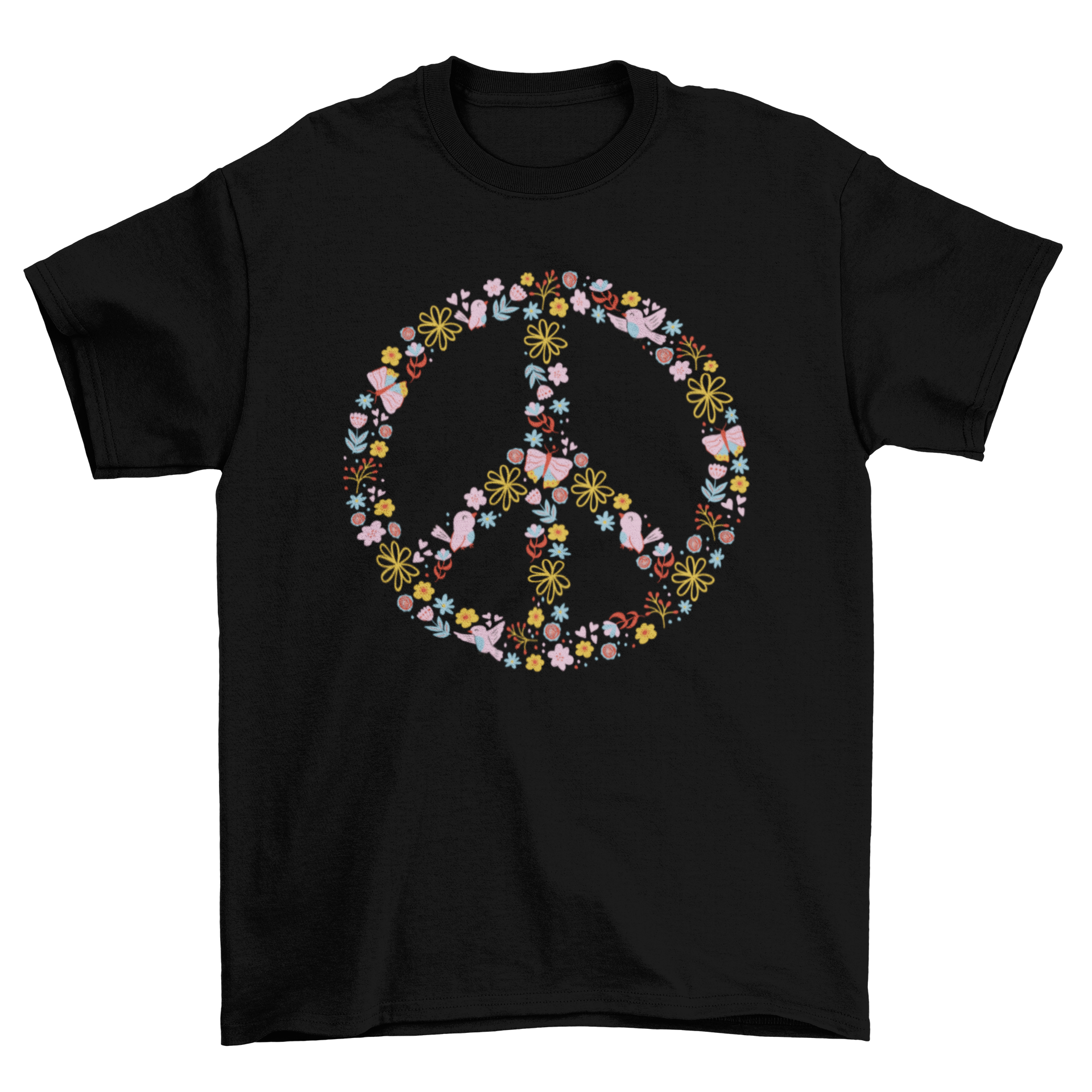 Floral peace symbol t-shirt featuring colorful flowers and animals in a unique design.