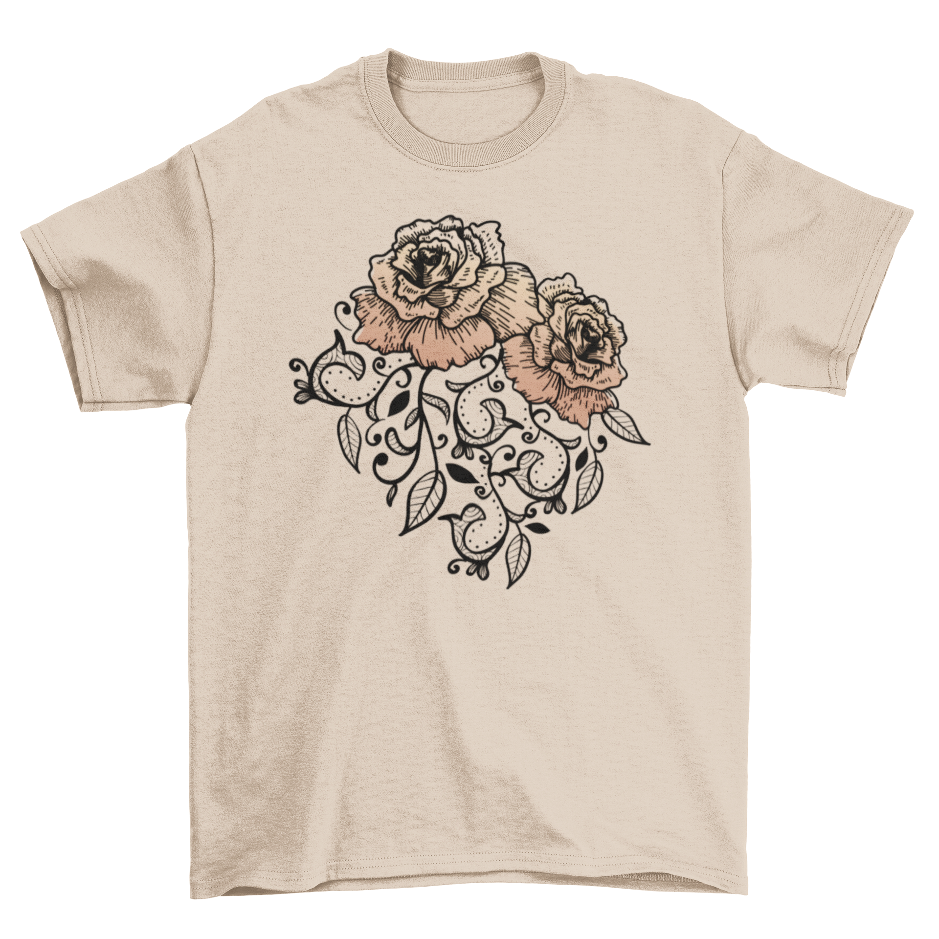 Floral Rose T-shirt featuring vibrant orange roses on a soft fabric background.