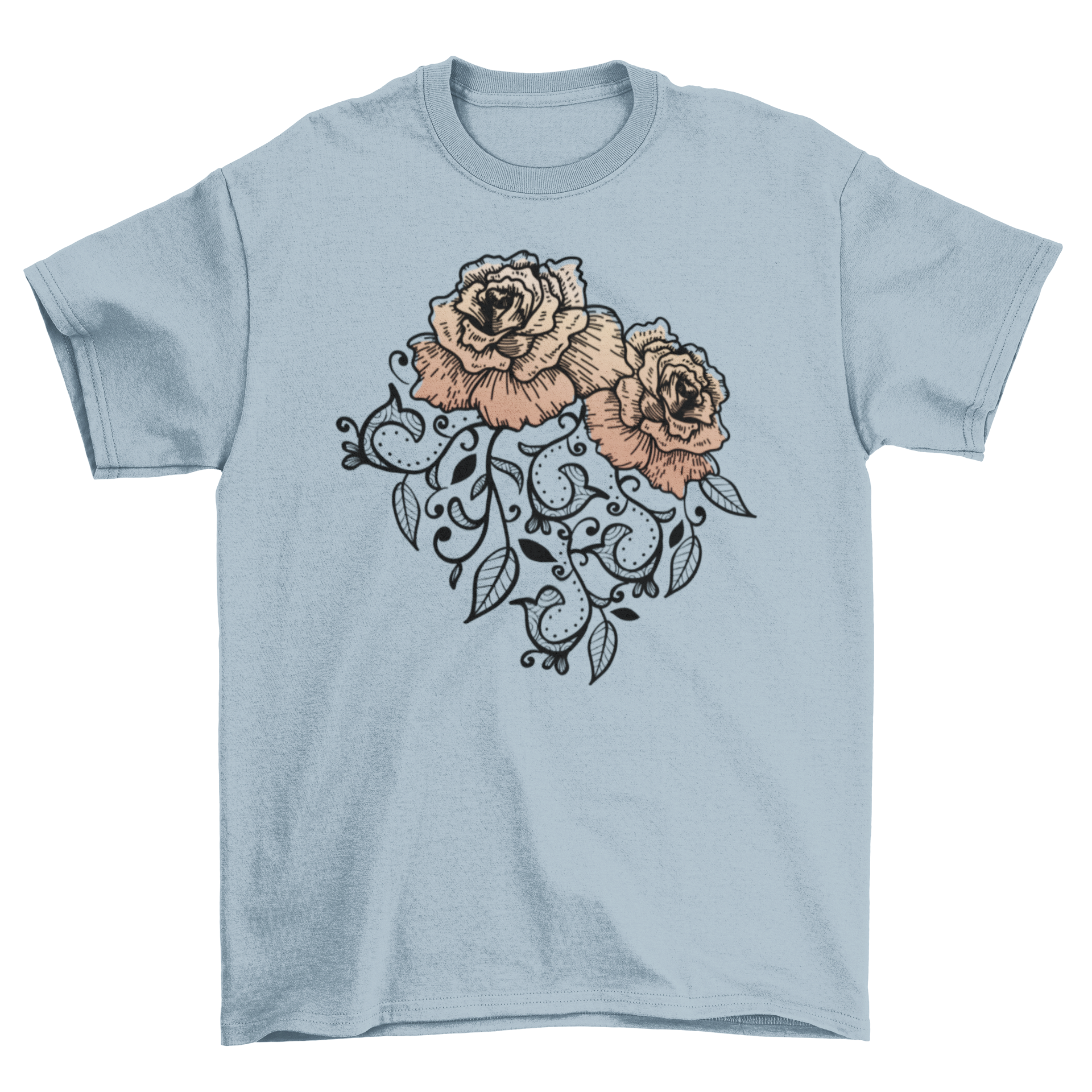 Floral Rose T-shirt featuring vibrant orange roses on a soft fabric background.