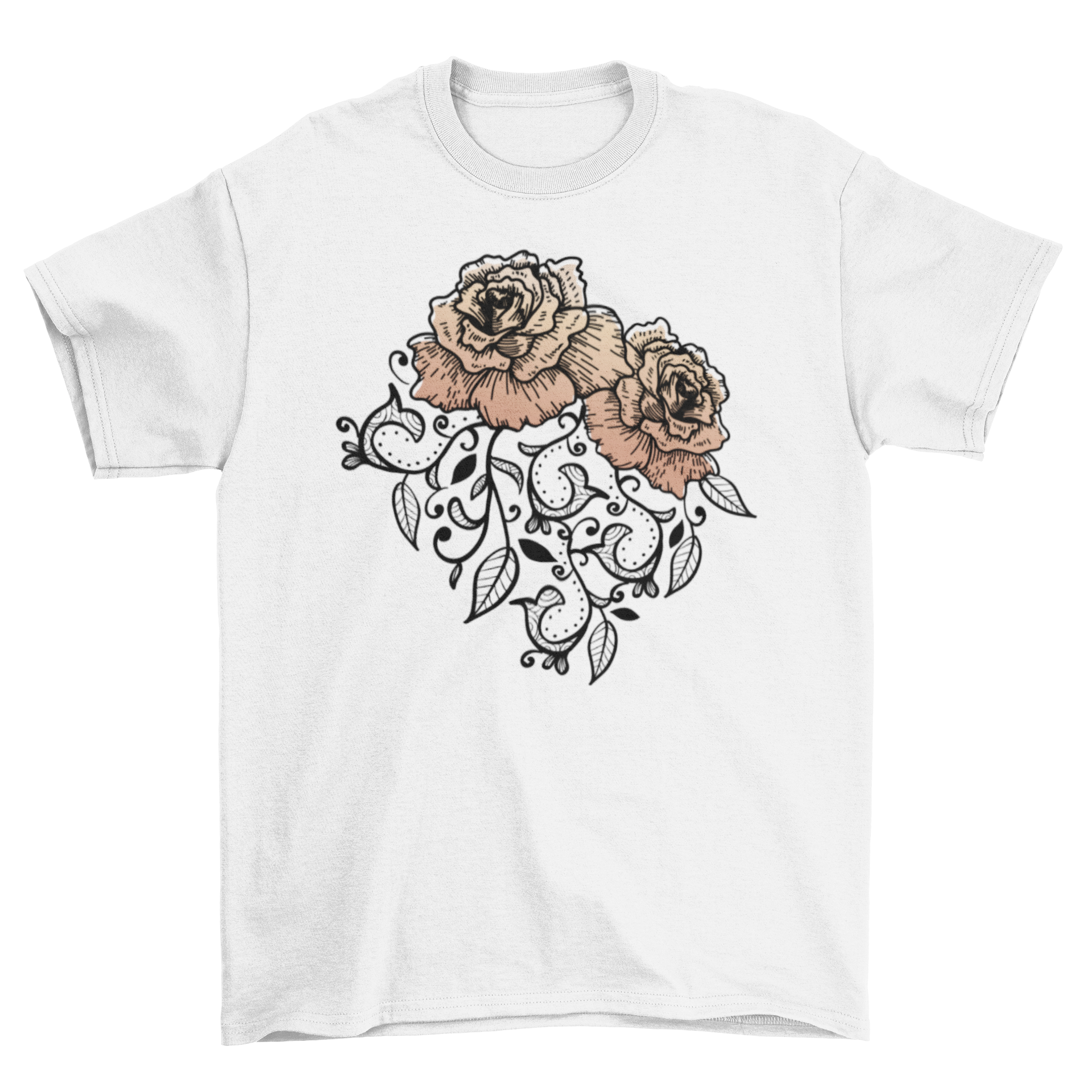 Floral Rose T-shirt featuring vibrant orange roses on a soft fabric background.