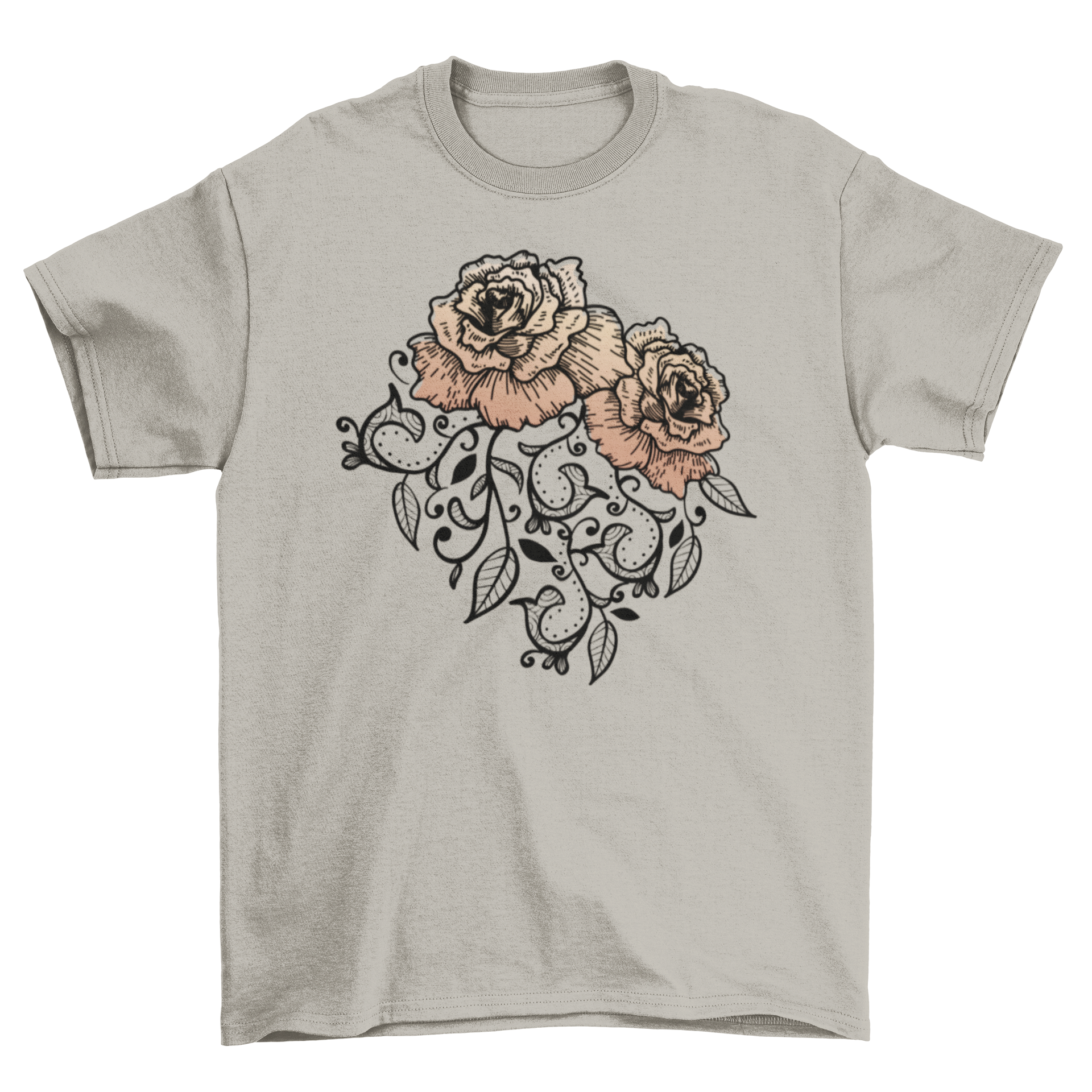 Floral Rose T-shirt featuring vibrant orange roses on a soft fabric background.