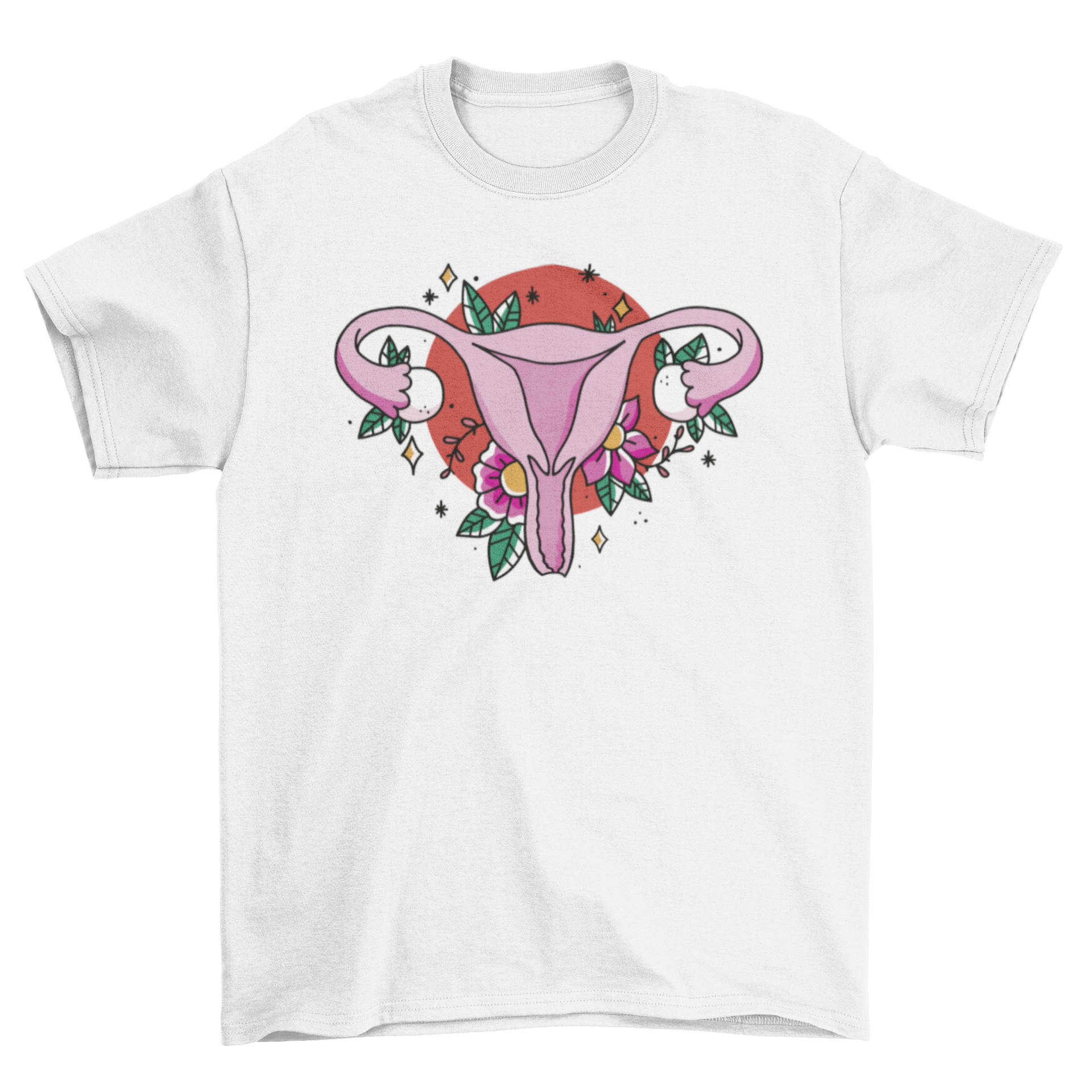 Floral uterus t-shirt featuring a tattoo-style uterus design surrounded by colorful flowers.