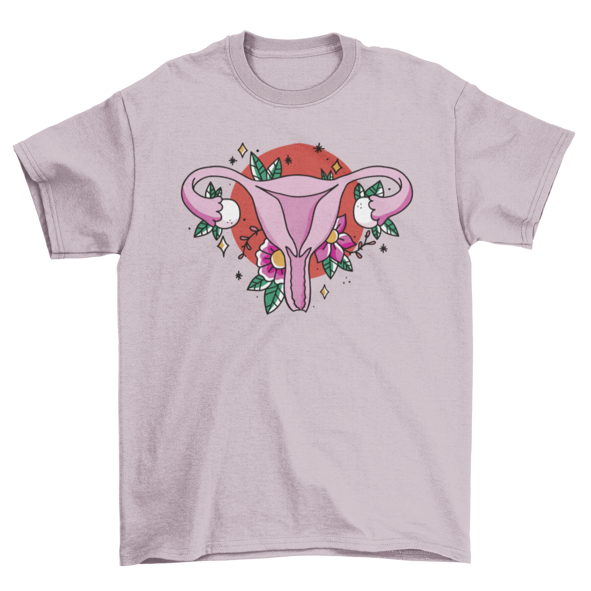 Floral uterus t-shirt featuring a tattoo-style uterus design surrounded by colorful flowers.