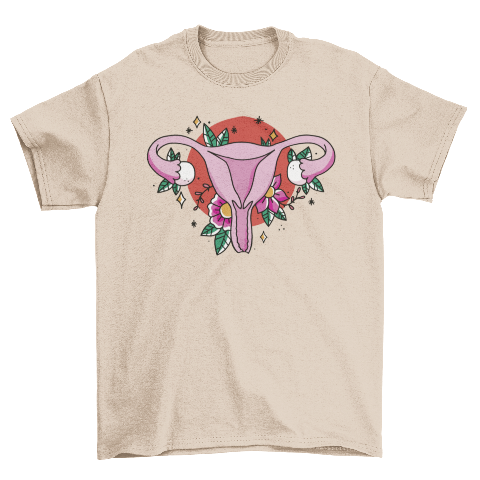 Floral uterus t-shirt featuring a tattoo-style uterus design surrounded by colorful flowers.