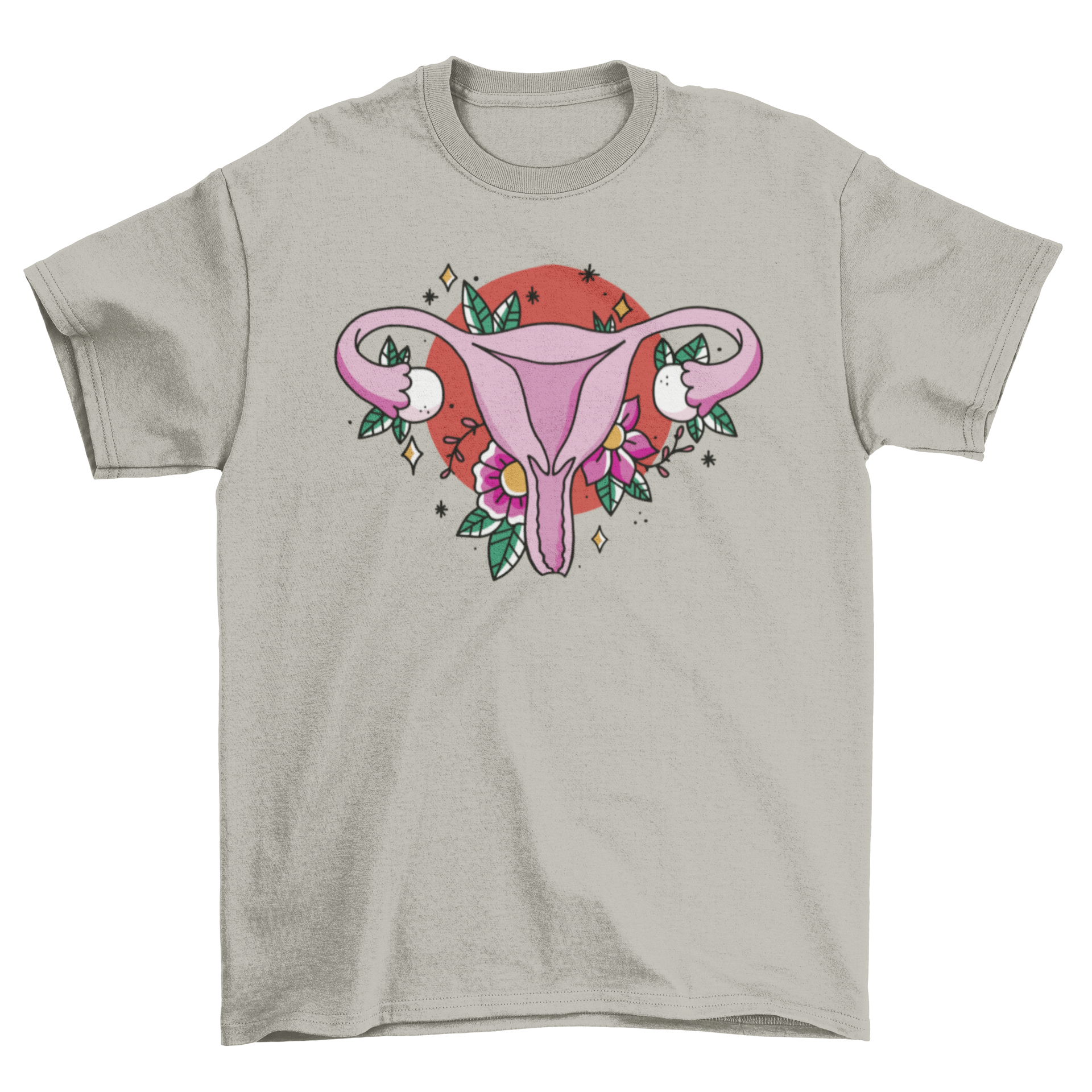 Floral uterus t-shirt featuring a tattoo-style uterus design surrounded by colorful flowers.