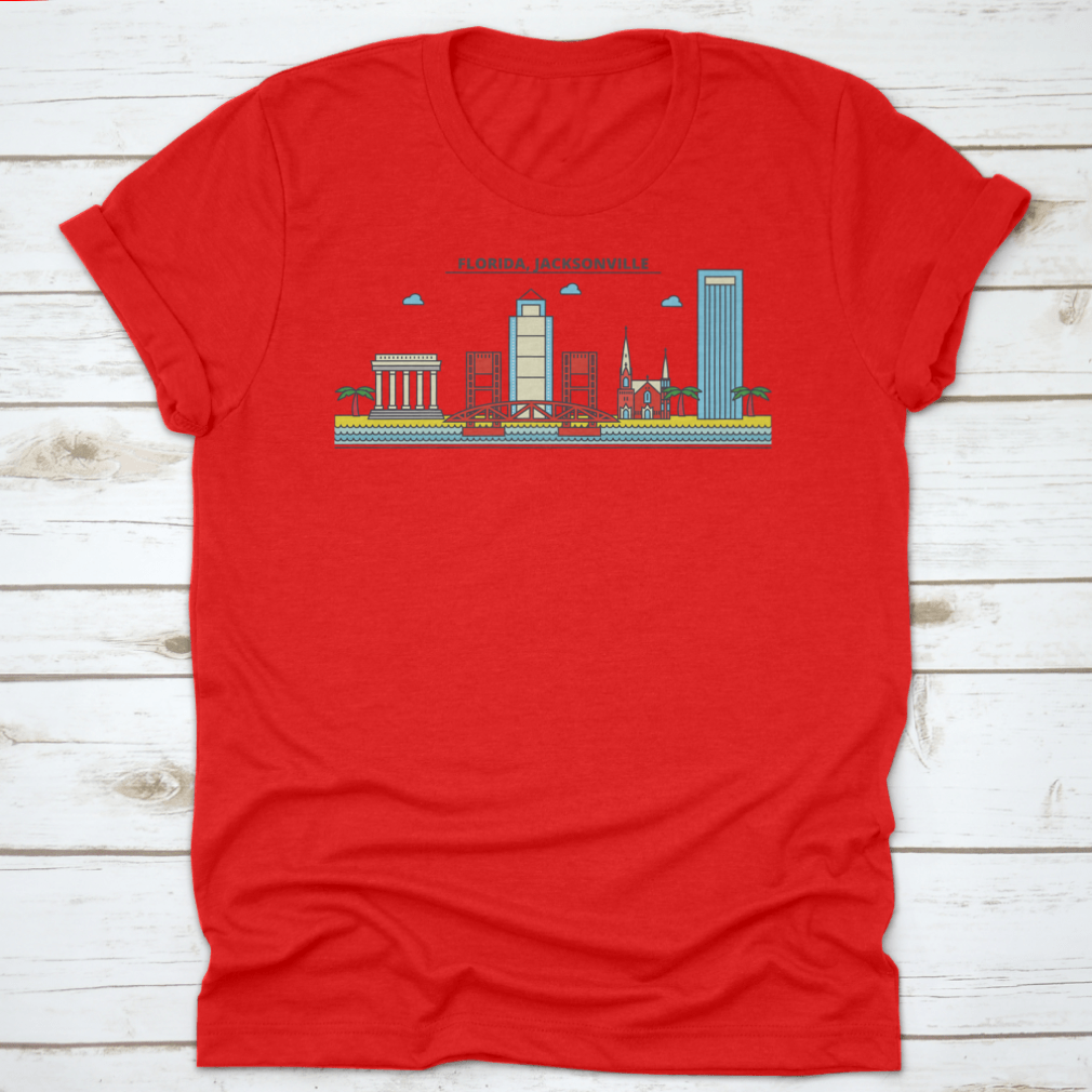 A stylish t-shirt featuring the Jacksonville City Skyline, showcasing iconic architecture and buildings in vibrant colors.