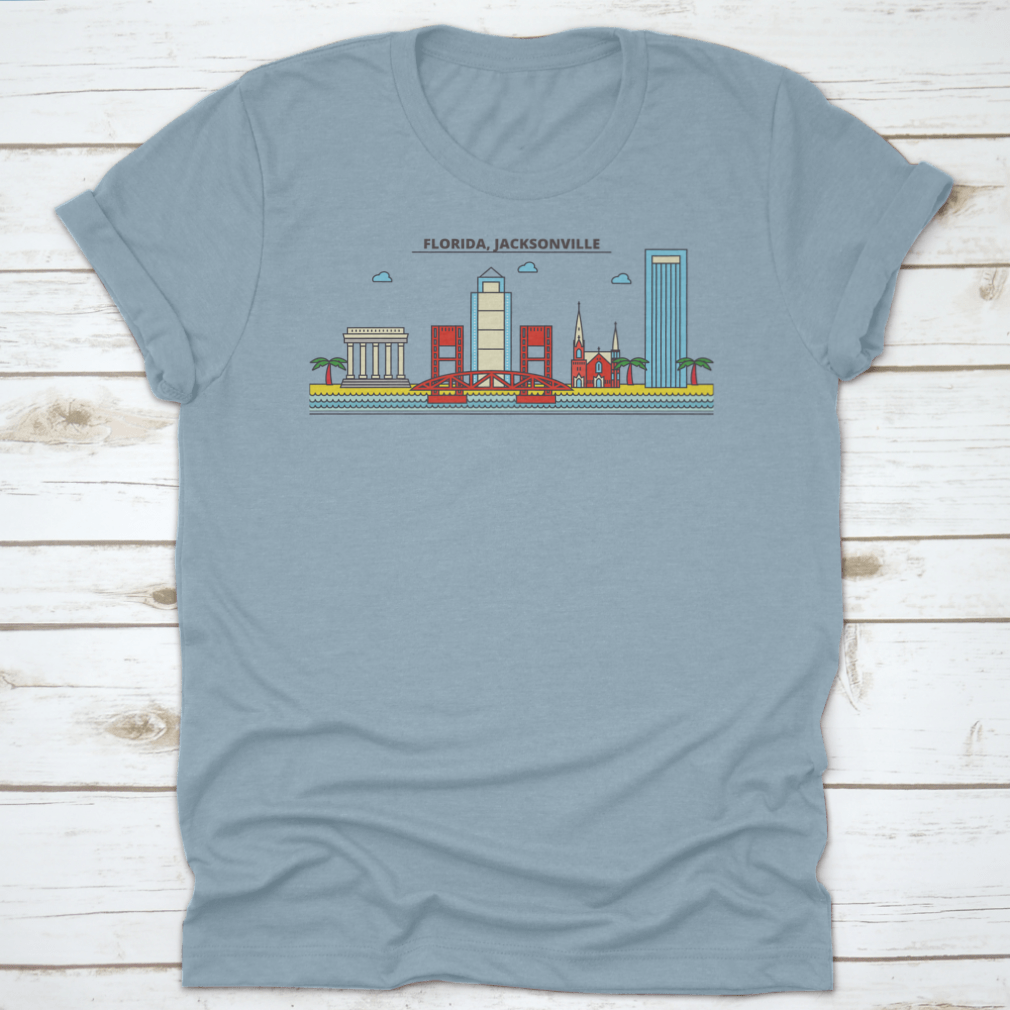 A stylish t-shirt featuring the Jacksonville City Skyline, showcasing iconic architecture and buildings in vibrant colors.