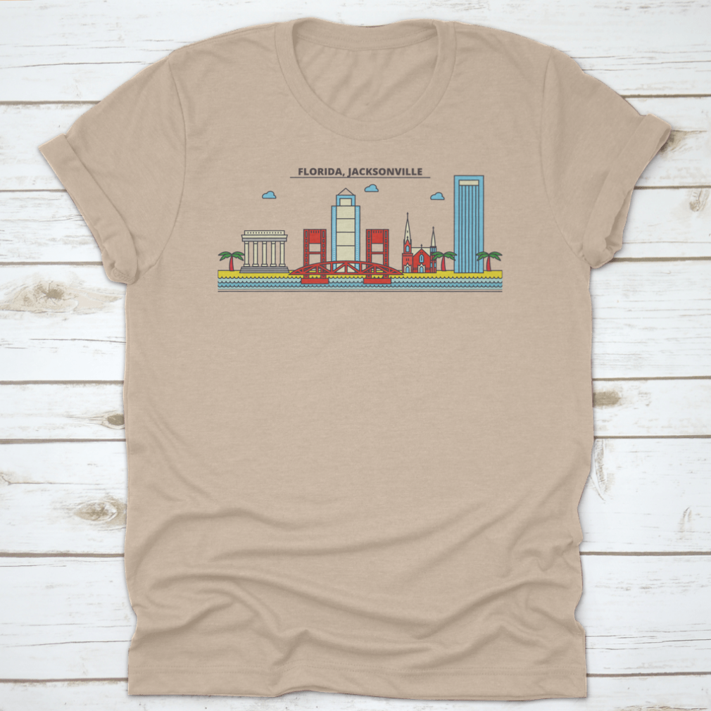 A stylish t-shirt featuring the Jacksonville City Skyline, showcasing iconic architecture and buildings in vibrant colors.