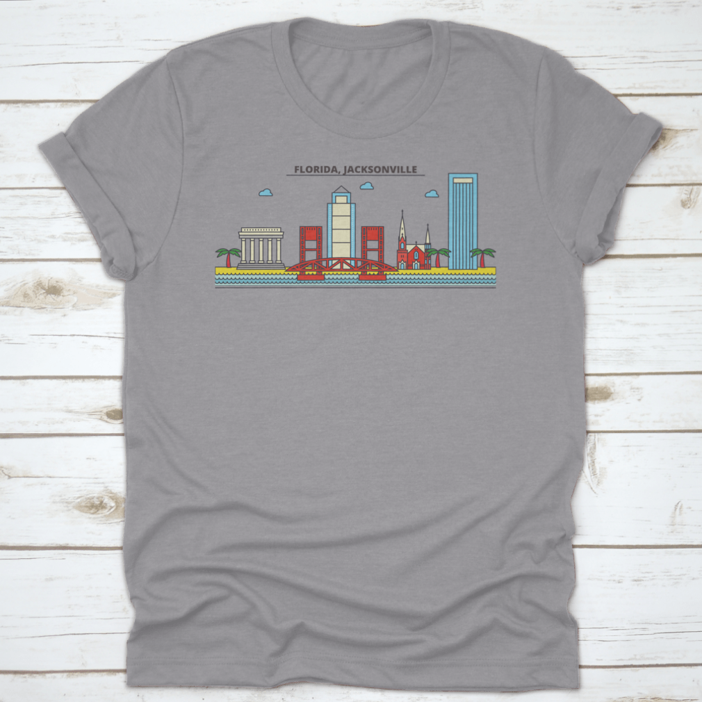 A stylish t-shirt featuring the Jacksonville City Skyline, showcasing iconic architecture and buildings in vibrant colors.