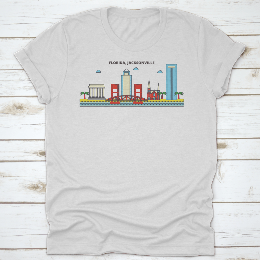 A stylish t-shirt featuring the Jacksonville City Skyline, showcasing iconic architecture and buildings in vibrant colors.