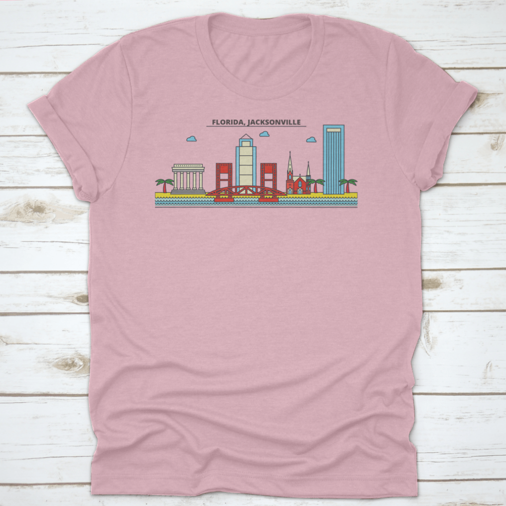 A stylish t-shirt featuring the Jacksonville City Skyline, showcasing iconic architecture and buildings in vibrant colors.