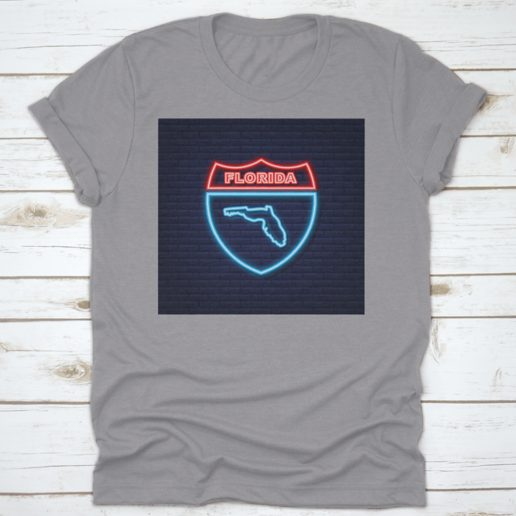 A vibrant neon illustration of the Florida state map on a stylish t-shirt, showcasing Florida pride.