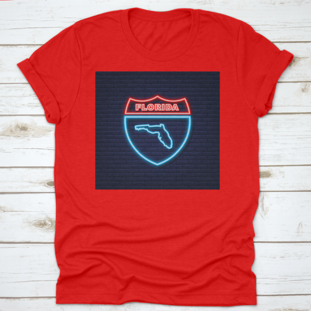 A vibrant neon illustration of the Florida state map on a stylish t-shirt, showcasing Florida pride.