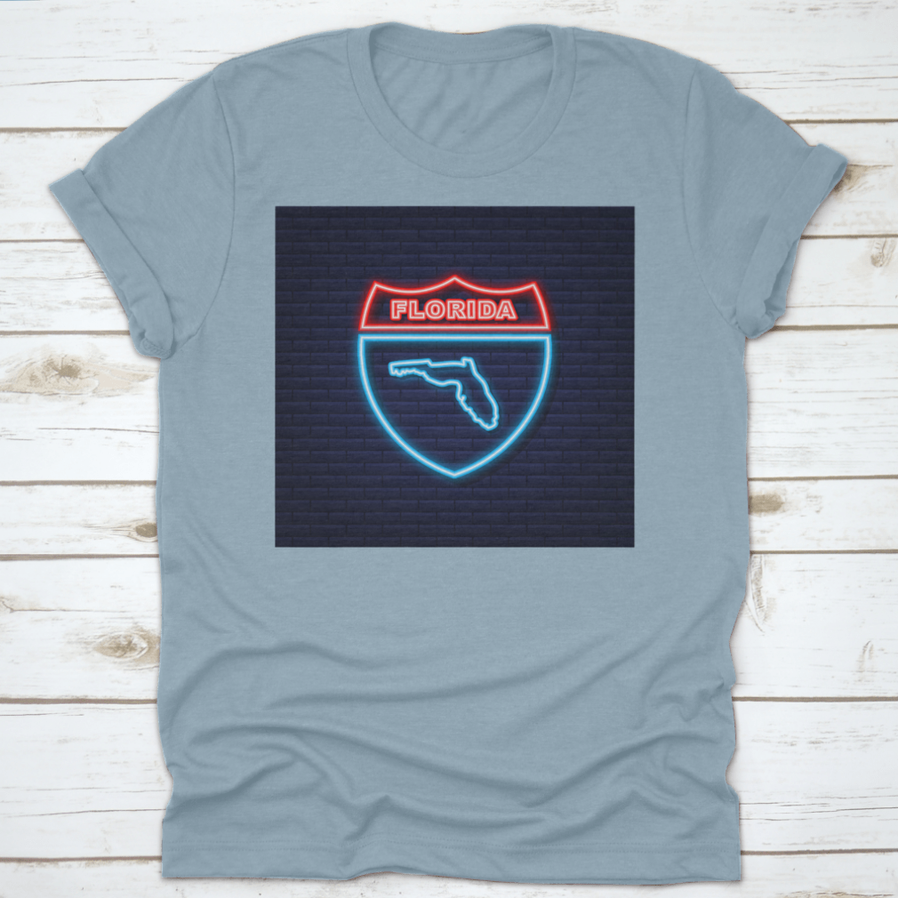 A vibrant neon illustration of the Florida state map on a stylish t-shirt, showcasing Florida pride.