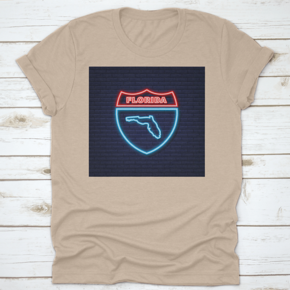 A vibrant neon illustration of the Florida state map on a stylish t-shirt, showcasing Florida pride.