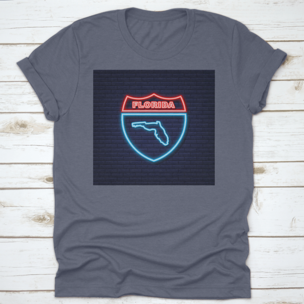 A vibrant neon illustration of the Florida state map on a stylish t-shirt, showcasing Florida pride.