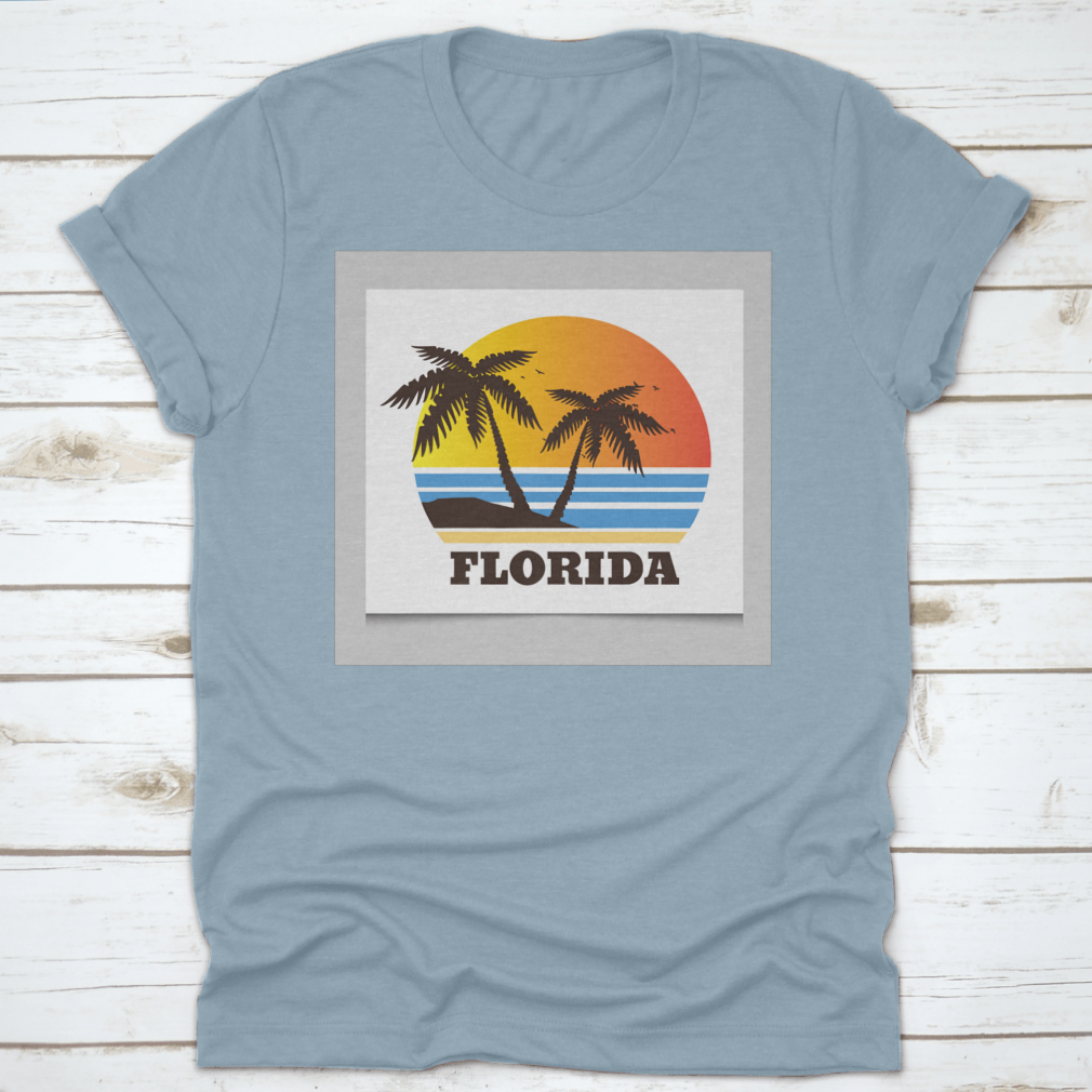 Graphic tee featuring a vibrant beach view with palm trees, showcasing a sunny Florida scene.