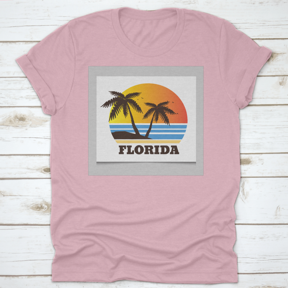 Graphic tee featuring a vibrant beach view with palm trees, showcasing a sunny Florida scene.