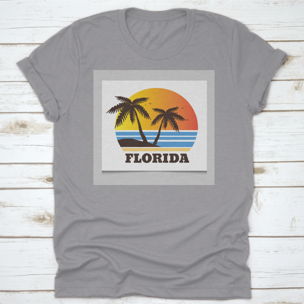 Graphic tee featuring a vibrant beach view with palm trees, showcasing a sunny Florida scene.