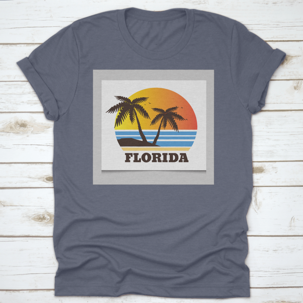 Graphic tee featuring a vibrant beach view with palm trees, showcasing a sunny Florida scene.