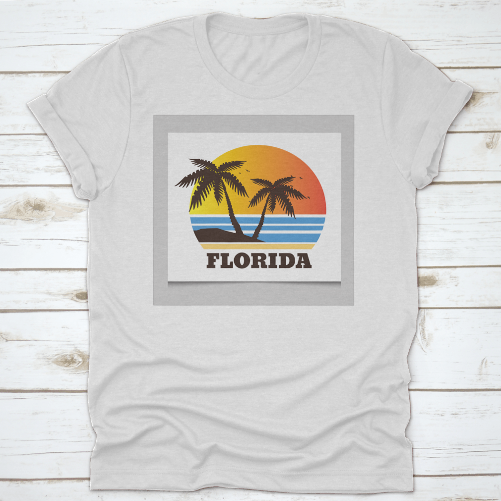 Graphic tee featuring a vibrant beach view with palm trees, showcasing a sunny Florida scene.