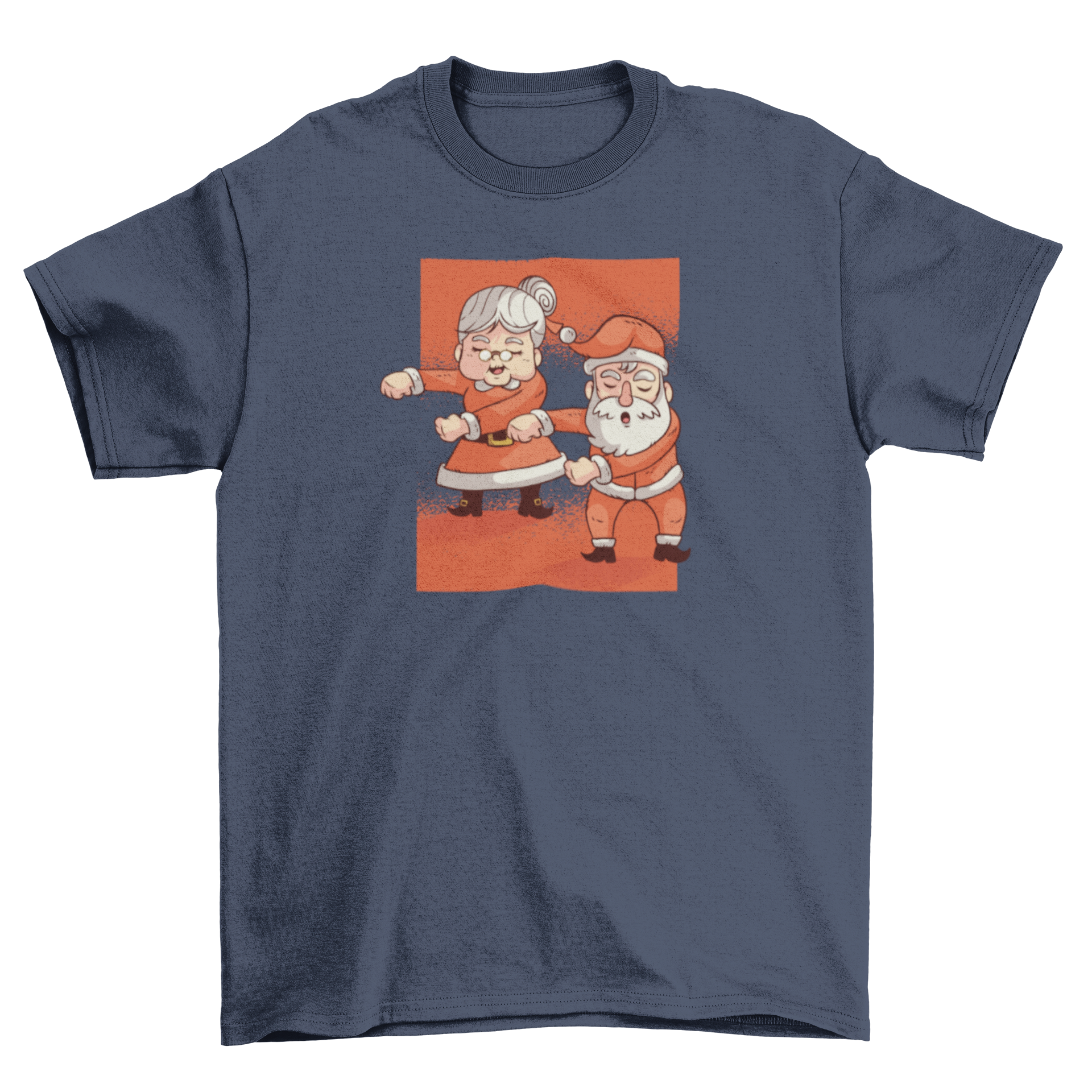 Floss Mr. Mrs. Claus T-shirt featuring Santa and Ms. Claus dancing joyfully.