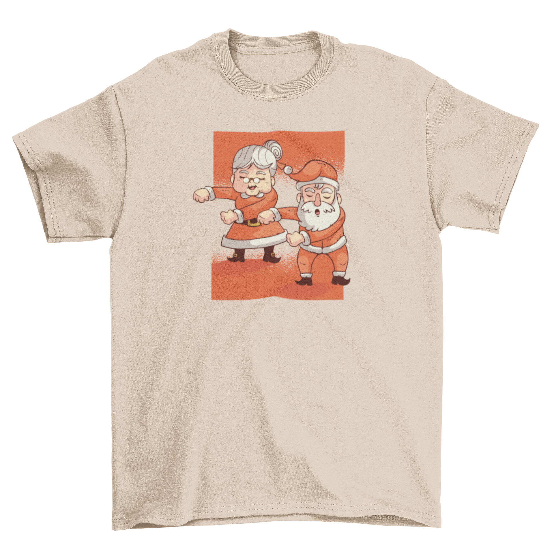 Floss Mr. Mrs. Claus T-shirt featuring Santa and Ms. Claus dancing joyfully.