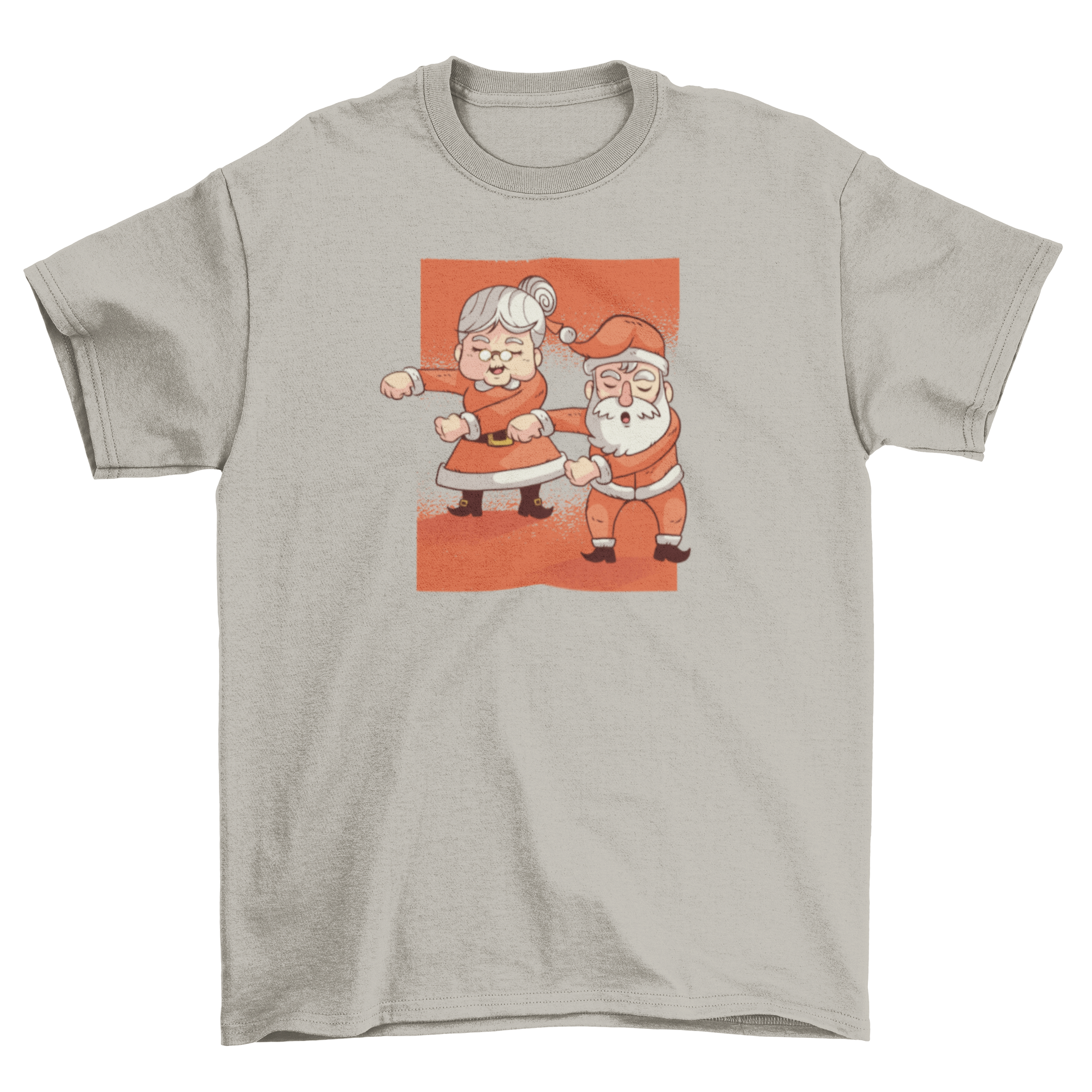 Floss Mr. Mrs. Claus T-shirt featuring Santa and Ms. Claus dancing joyfully.