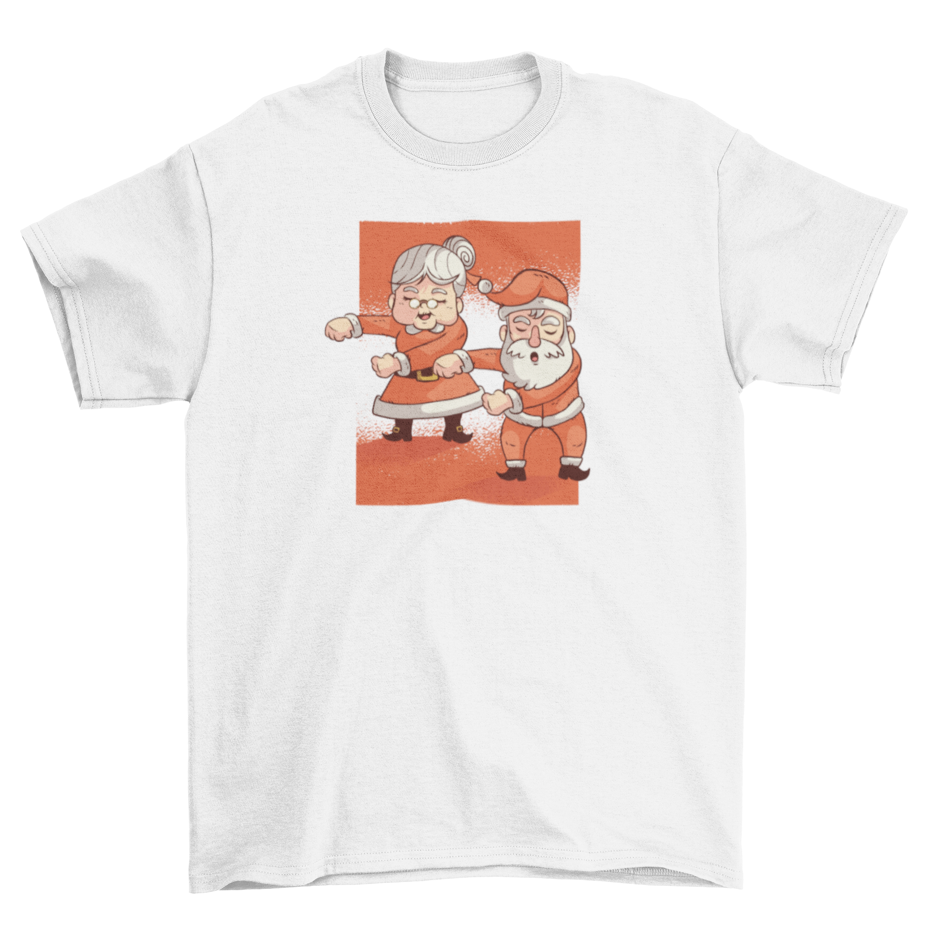 Floss Mr. Mrs. Claus T-shirt featuring Santa and Ms. Claus dancing joyfully.