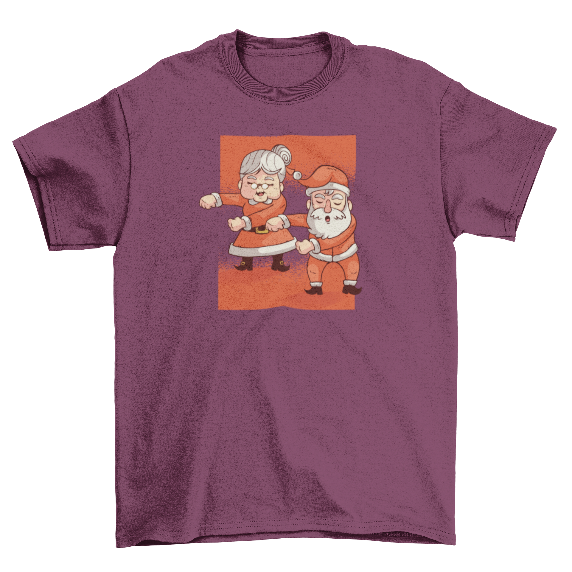 Floss Mr. Mrs. Claus T-shirt featuring Santa and Ms. Claus dancing joyfully.