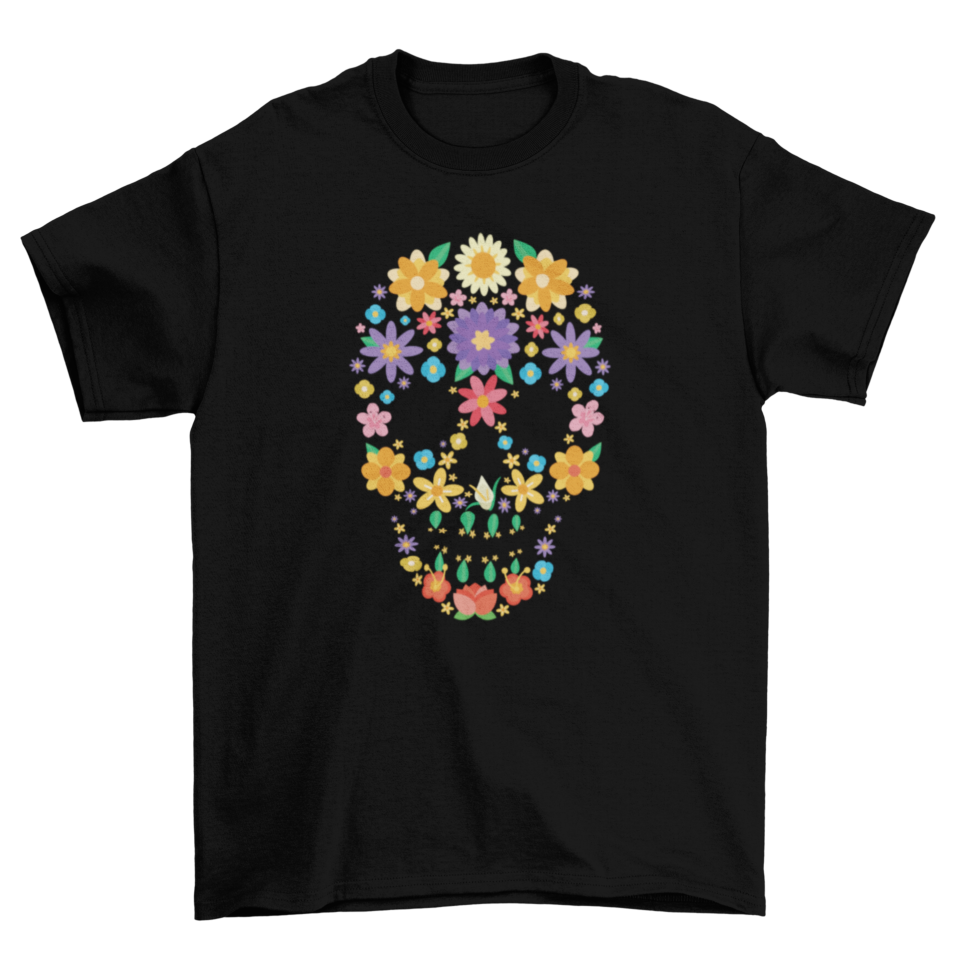 A colorful Flower Sugar Skull T-shirt featuring a skull design made of vibrant flowers, perfect for casual wear.