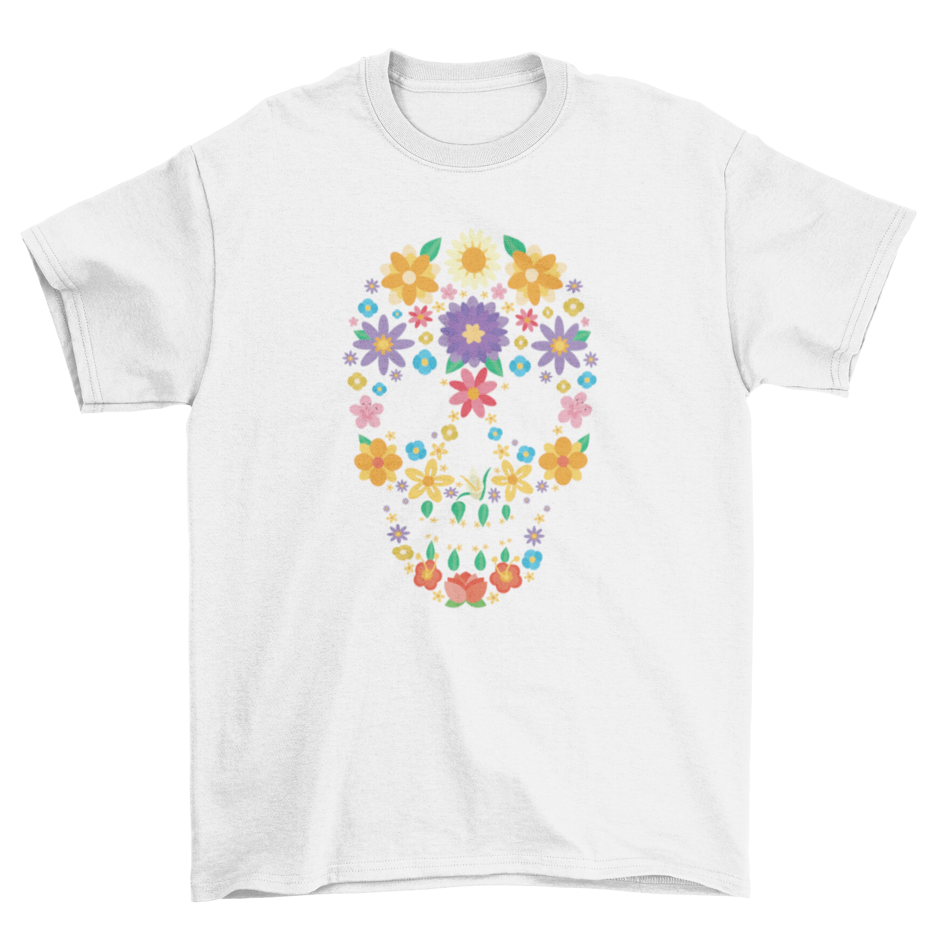 A colorful Flower Sugar Skull T-shirt featuring a skull design made of vibrant flowers, perfect for casual wear.