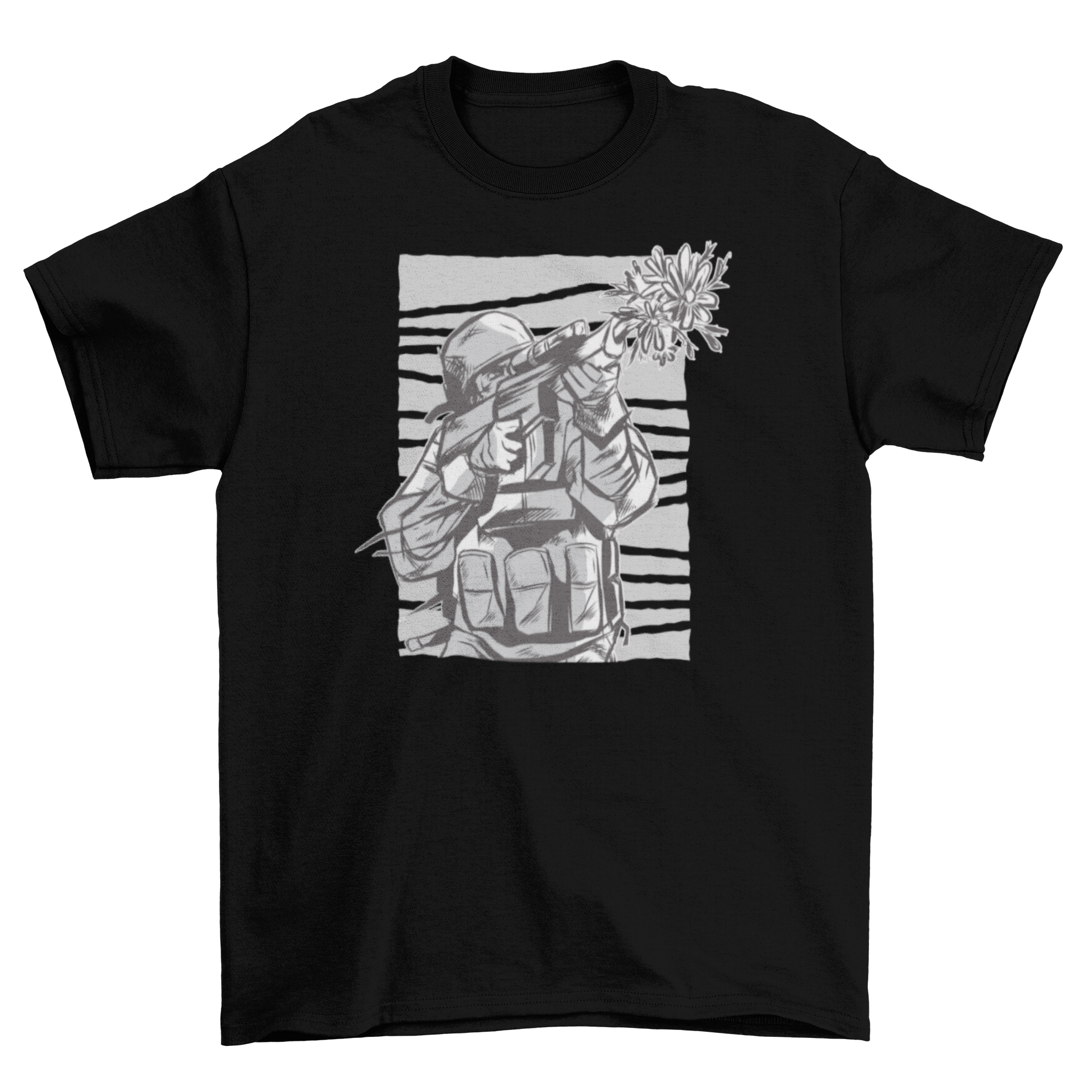 Flowers Gun T-Shirt Design featuring an armed soldier with flowers shooting from the gun.