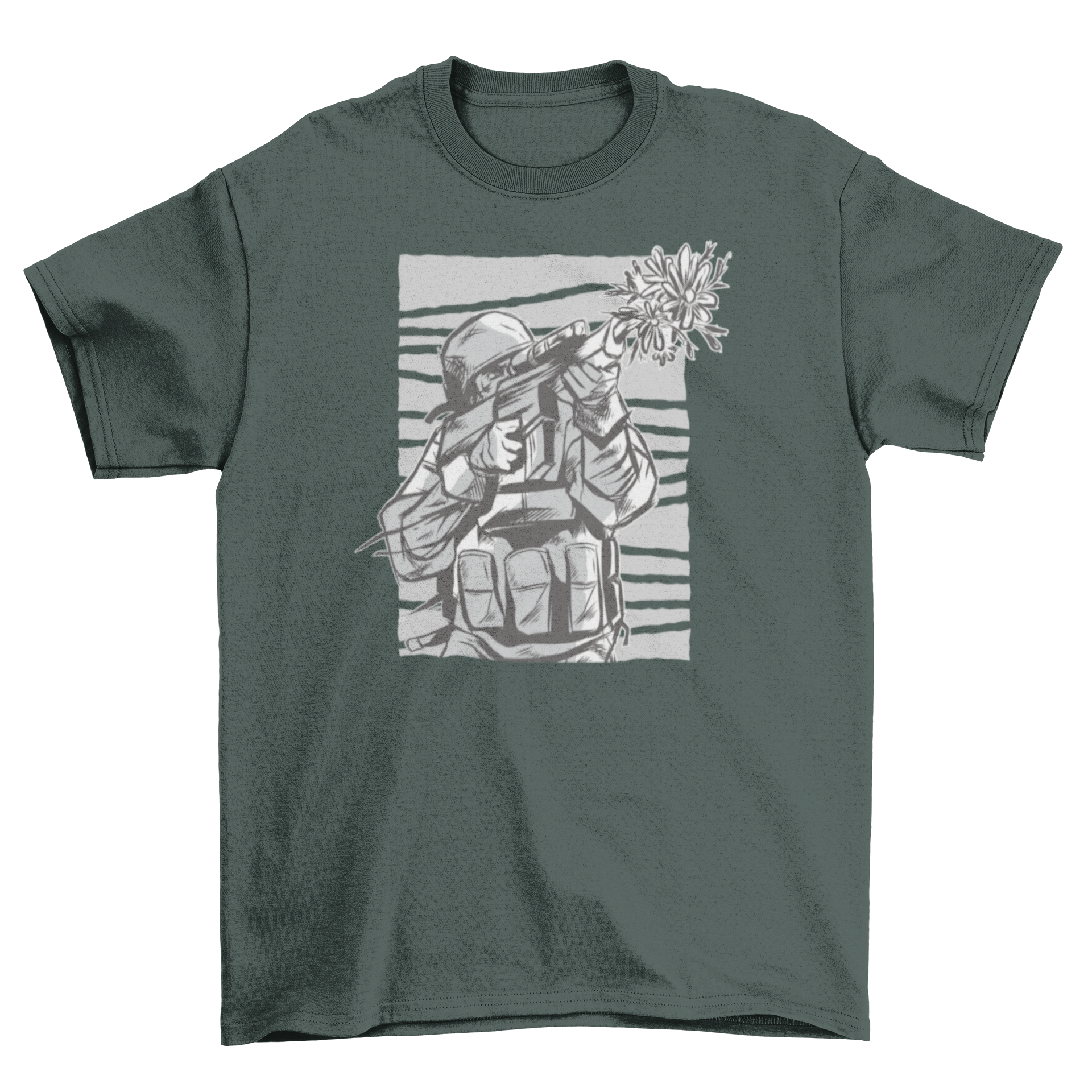 Flowers Gun T-Shirt Design featuring an armed soldier with flowers shooting from the gun.