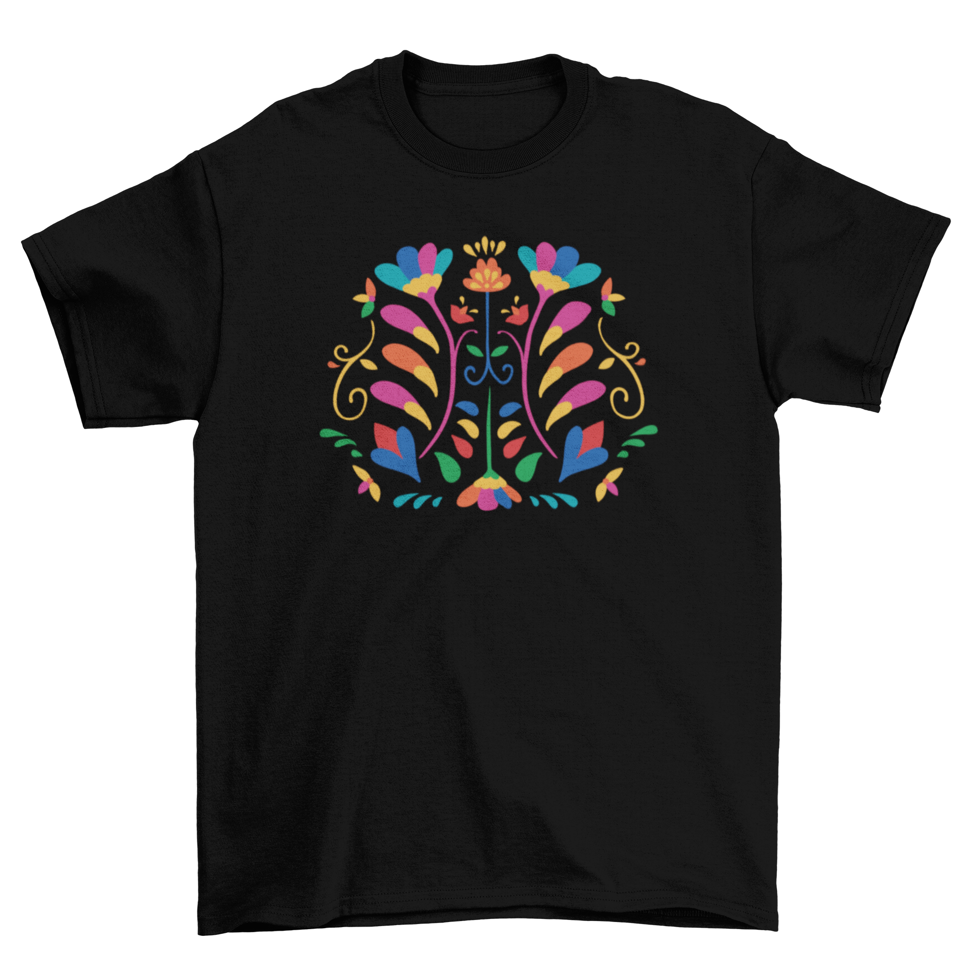 A colorful t-shirt featuring an otomi style floral design, showcasing intricate patterns and vibrant colors.