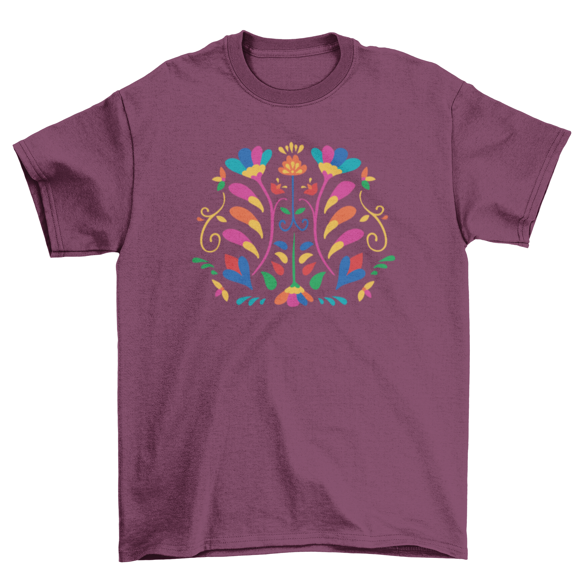 A colorful t-shirt featuring an otomi style floral design, showcasing intricate patterns and vibrant colors.