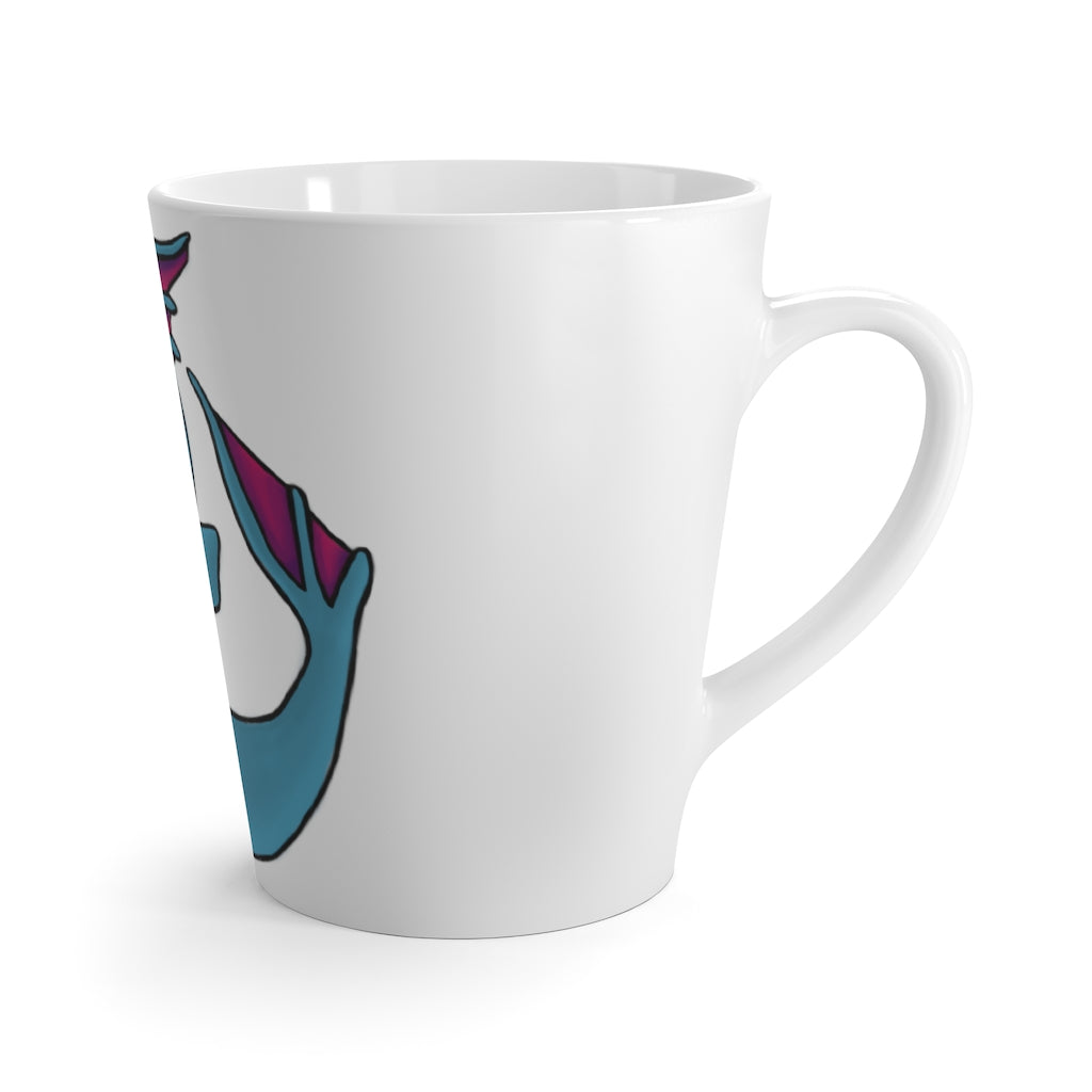 Flozo Latte Mug in white ceramic with rounded corners and C-handle, showcasing vibrant sublimation printing.