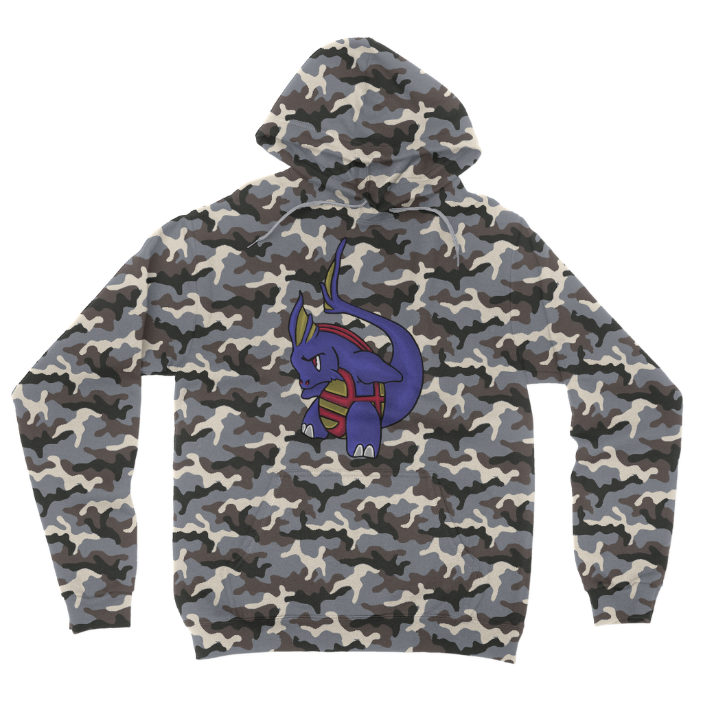 Flozor Camouflage Adult Hoodie featuring a classic camo print, double fabric hood, and kangaroo pouch pocket.