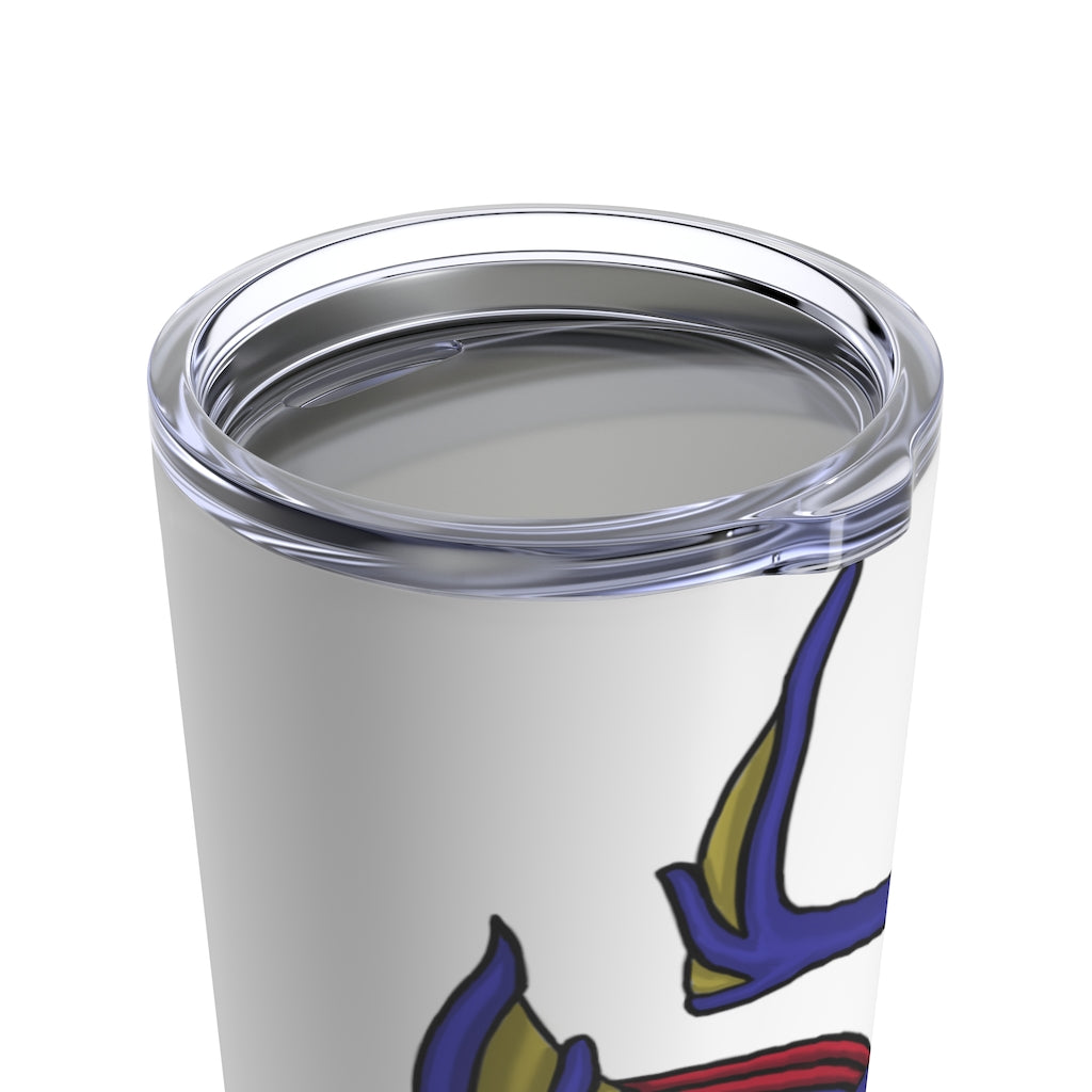 Flozor Tumbler 20oz in stainless steel with a see-thru plastic lid, showcasing its sleek design and rounded corners.