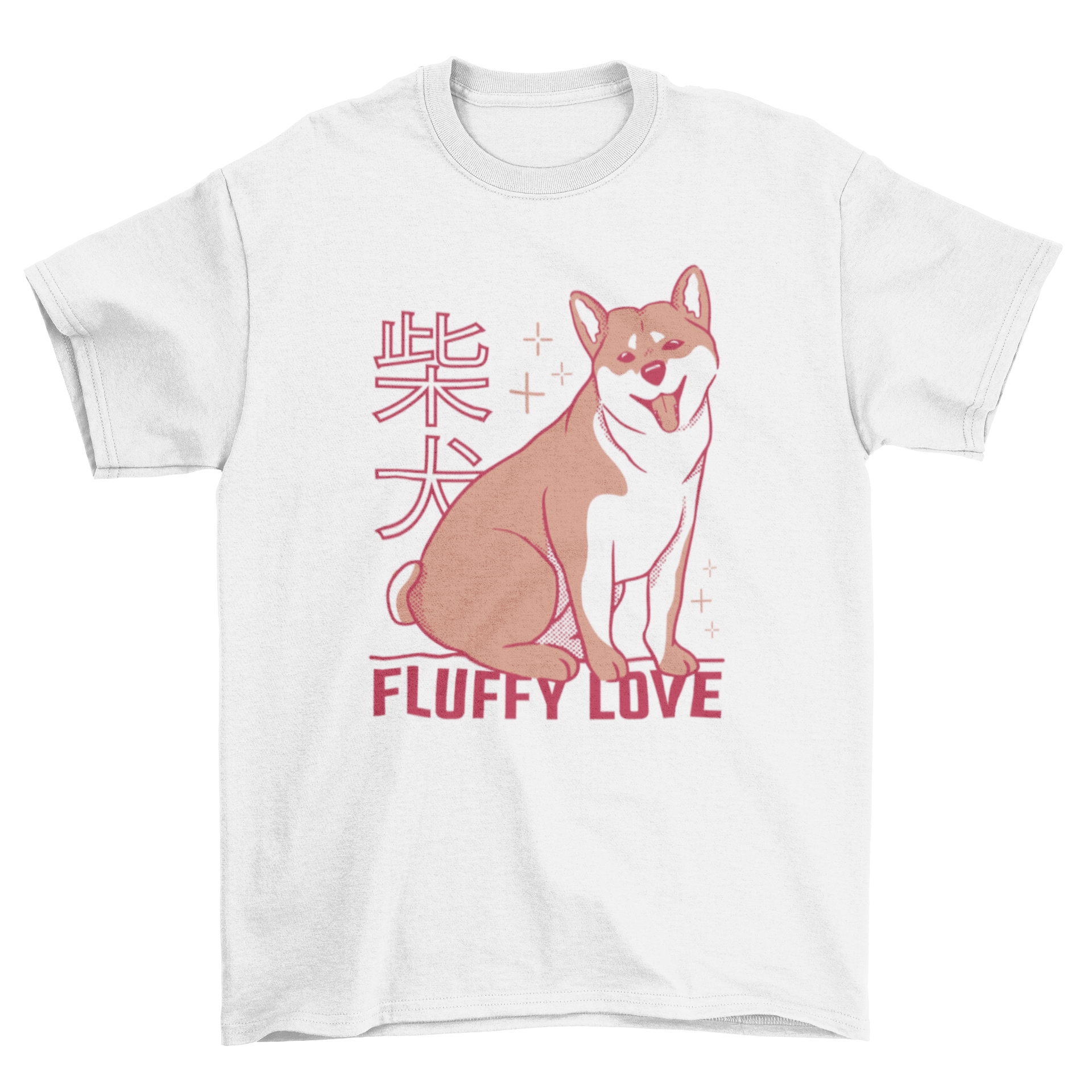 A soft t-shirt featuring a cute Shiba Inu dog design with the quote 'Fluffy Love'.