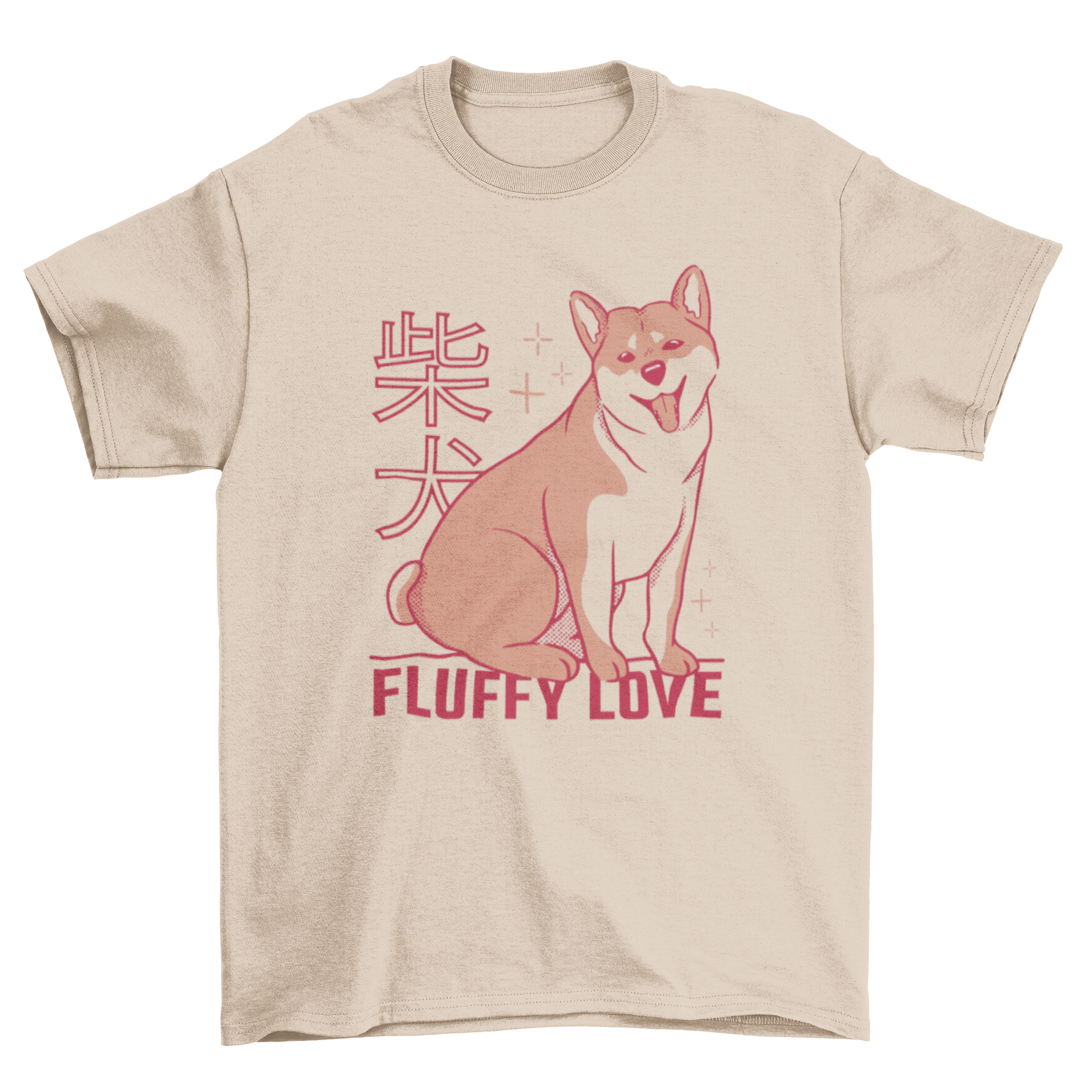 A soft t-shirt featuring a cute Shiba Inu dog design with the quote 'Fluffy Love'.