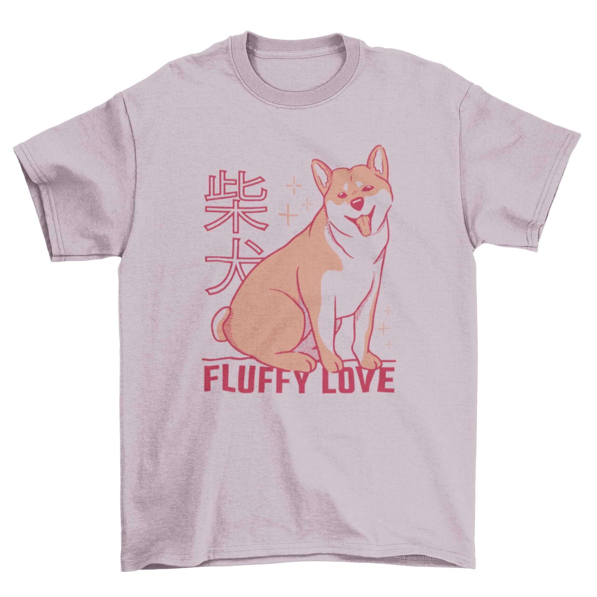 A soft t-shirt featuring a cute Shiba Inu dog design with the quote 'Fluffy Love'.