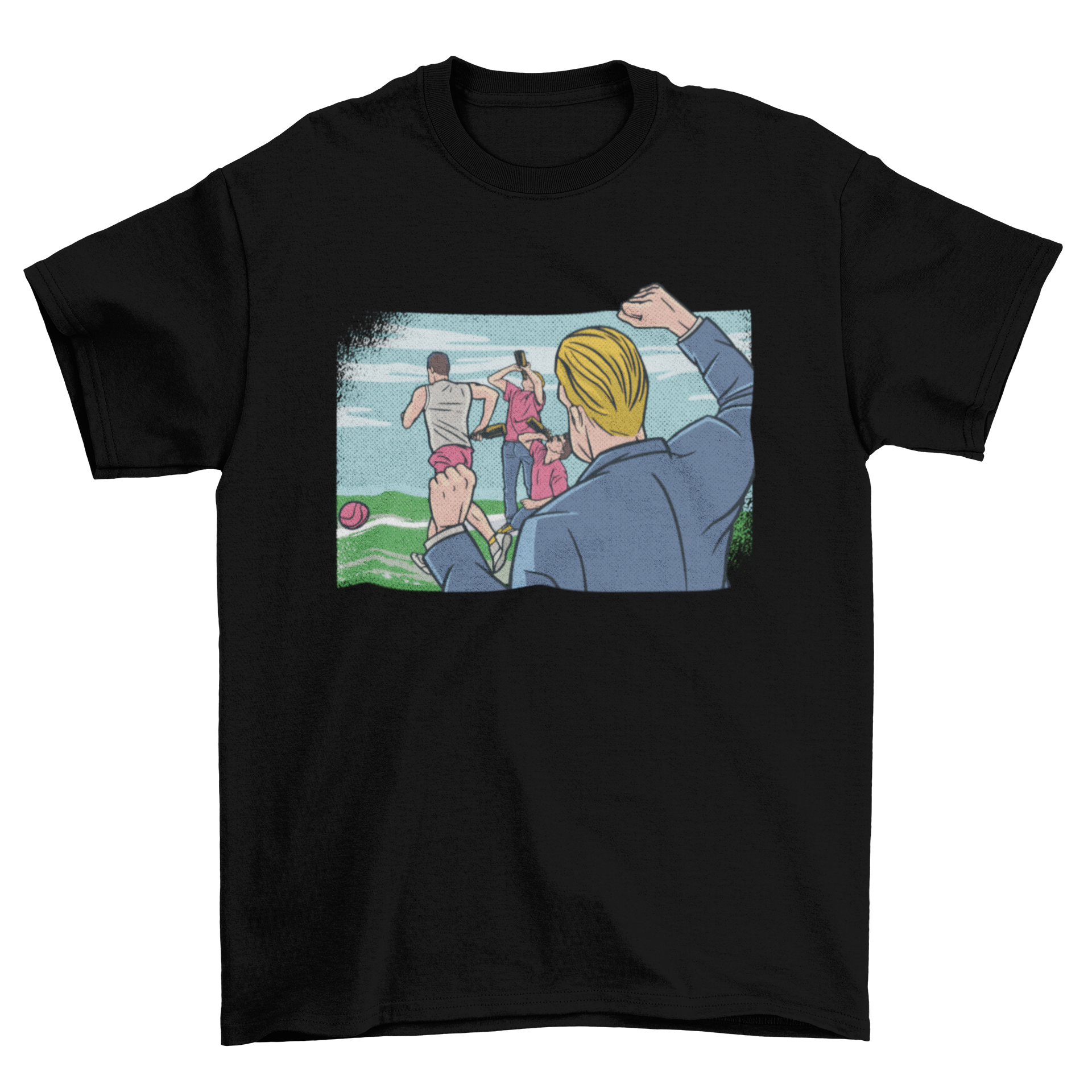 Flunkyball comic t-shirt featuring friends playing the game in a colorful comic book style.