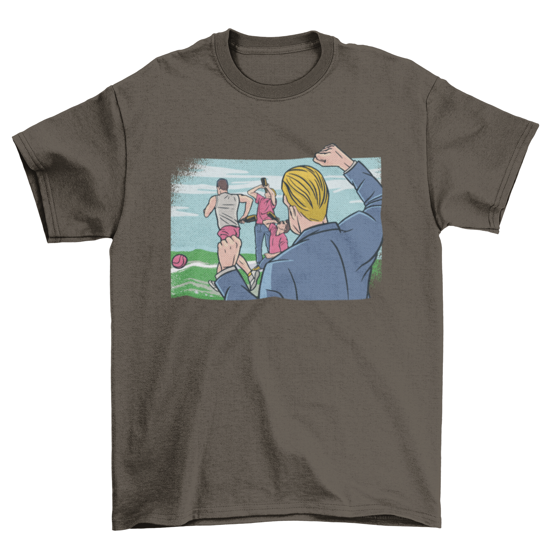 Flunkyball comic t-shirt featuring friends playing the game in a colorful comic book style.