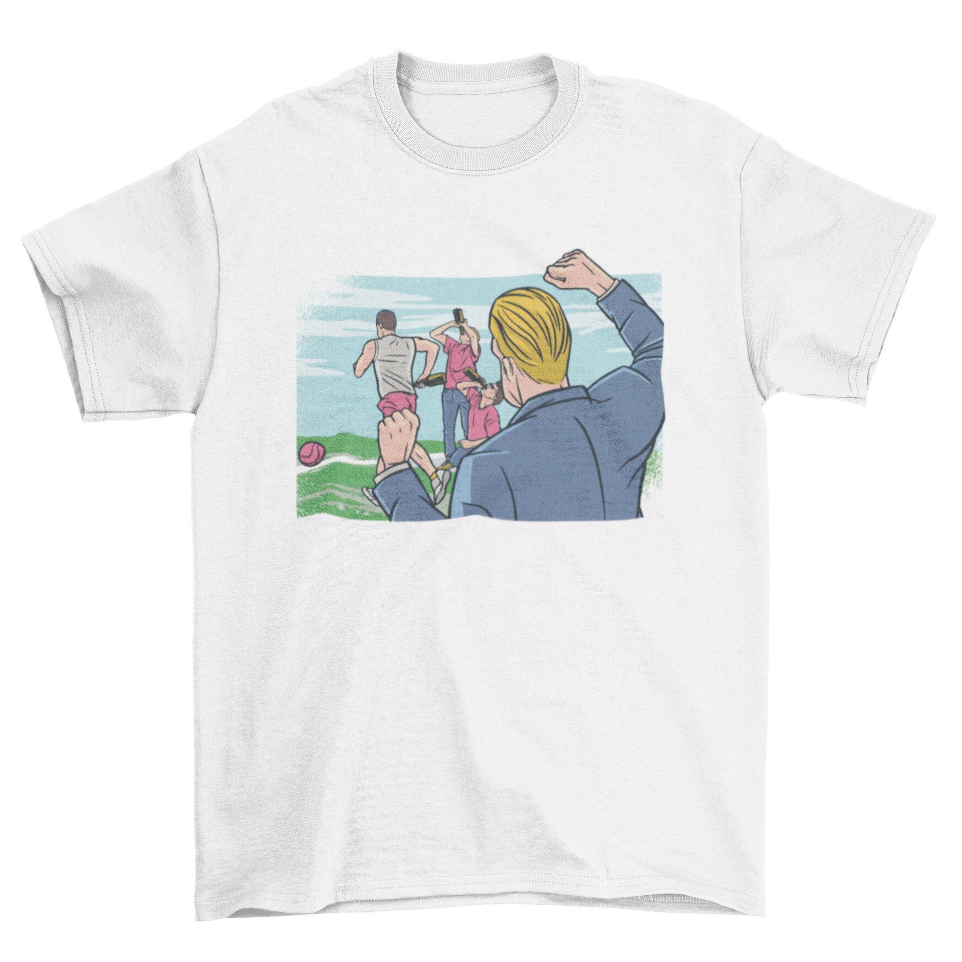 Flunkyball comic t-shirt featuring friends playing the game in a colorful comic book style.