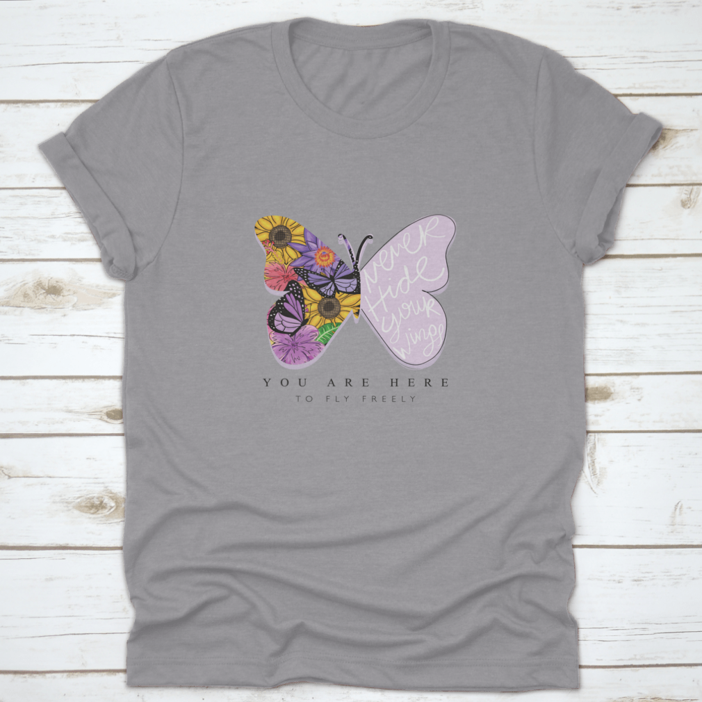 A stylish t-shirt featuring an elegant butterfly design, made from soft cotton fabric, showcasing comfort and beauty.