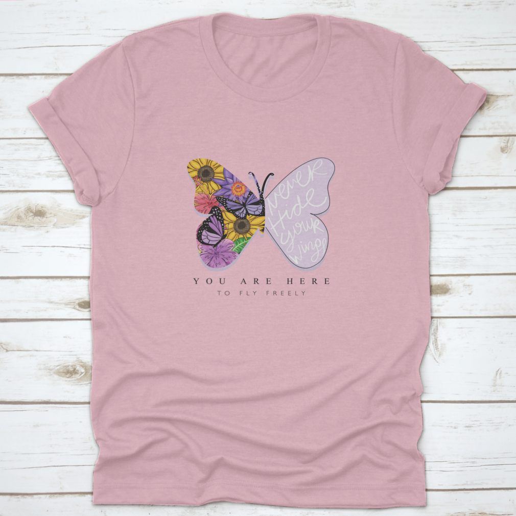 A stylish t-shirt featuring an elegant butterfly design, made from soft cotton fabric, showcasing comfort and beauty.