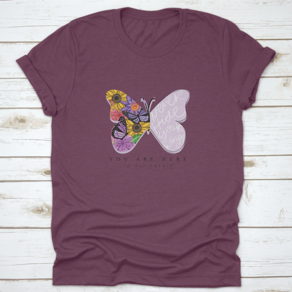 A stylish t-shirt featuring an elegant butterfly design, made from soft cotton fabric, showcasing comfort and beauty.