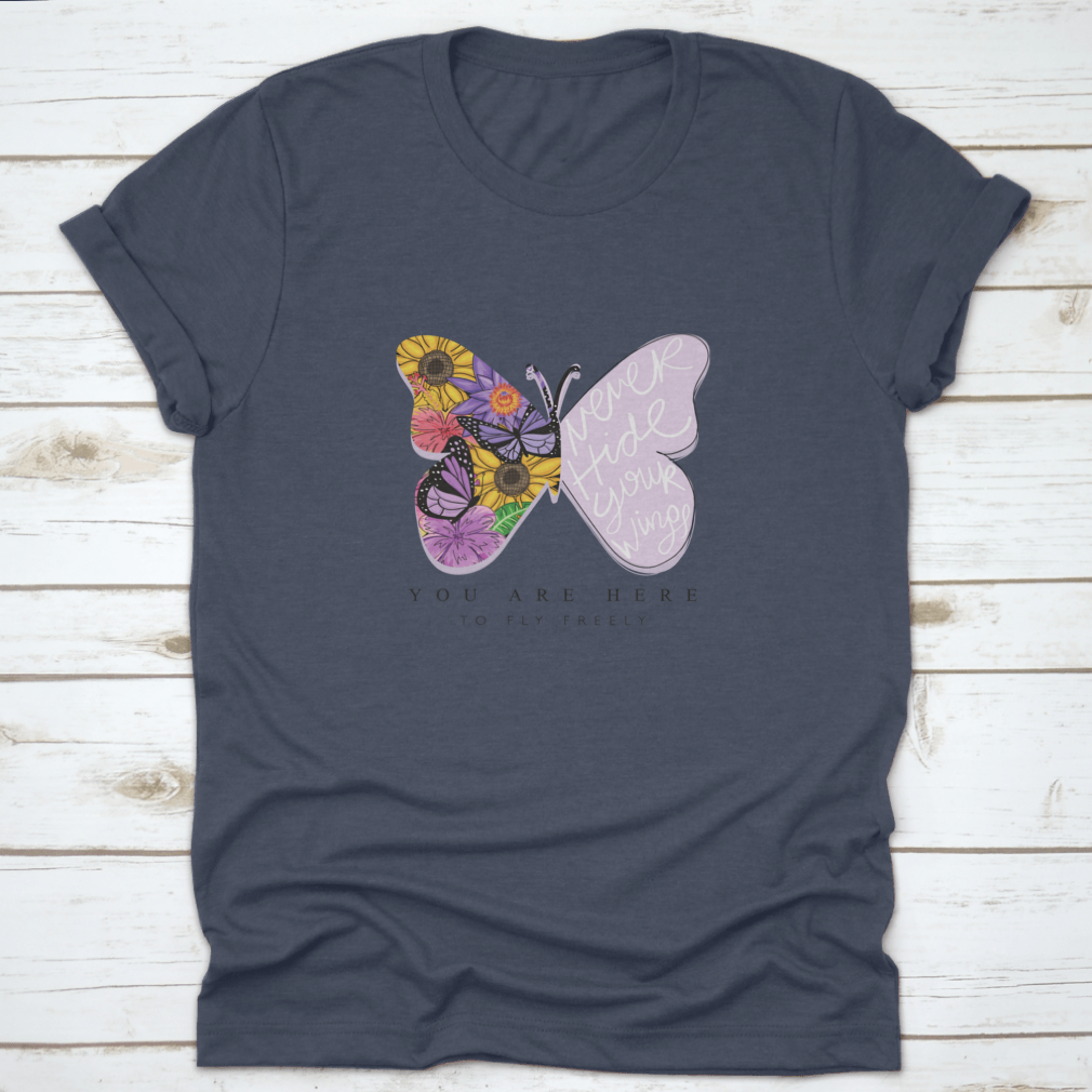 A stylish t-shirt featuring an elegant butterfly design, made from soft cotton fabric, showcasing comfort and beauty.